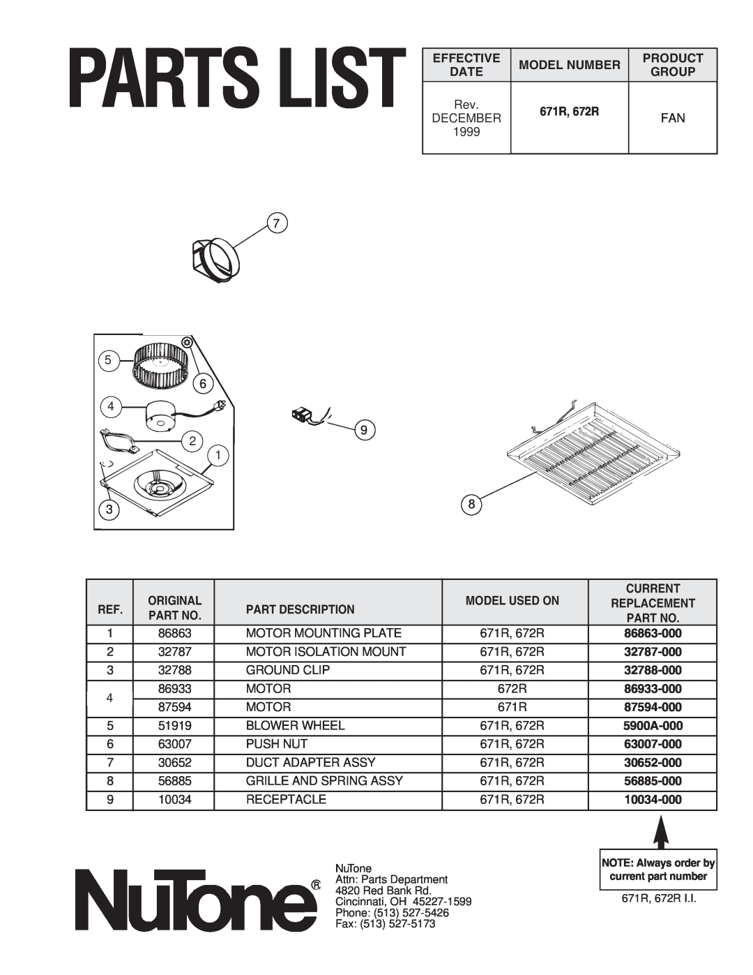 NuTone 672R, 671R important safety instructions Parts List 