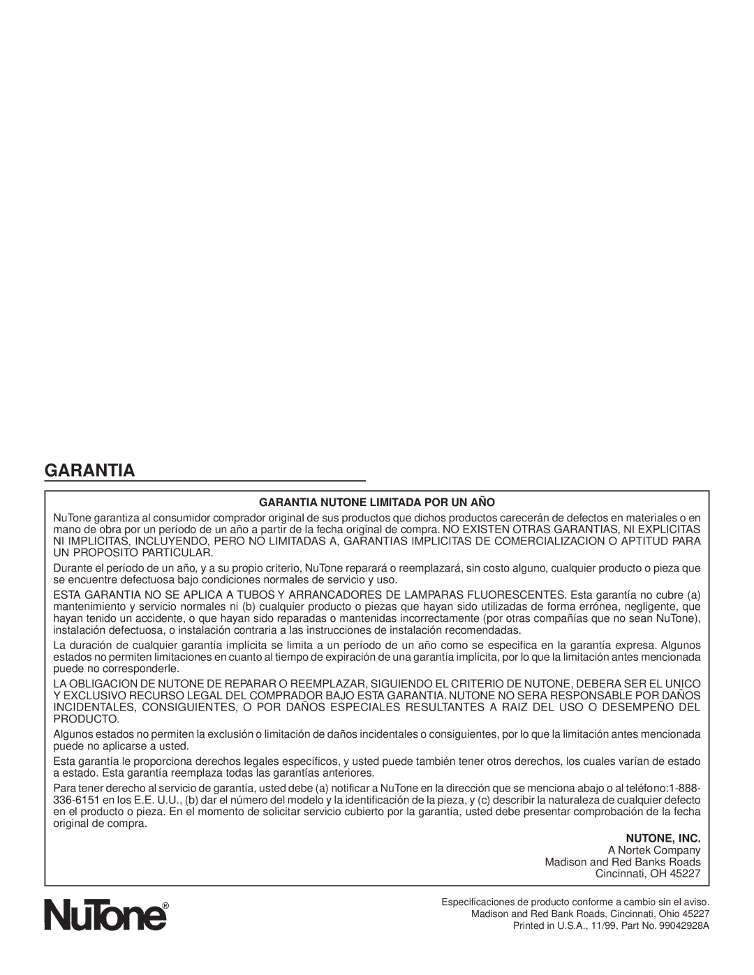 NuTone 682NT important safety instructions Garantia Nutone Limitada POR UN AÑO 