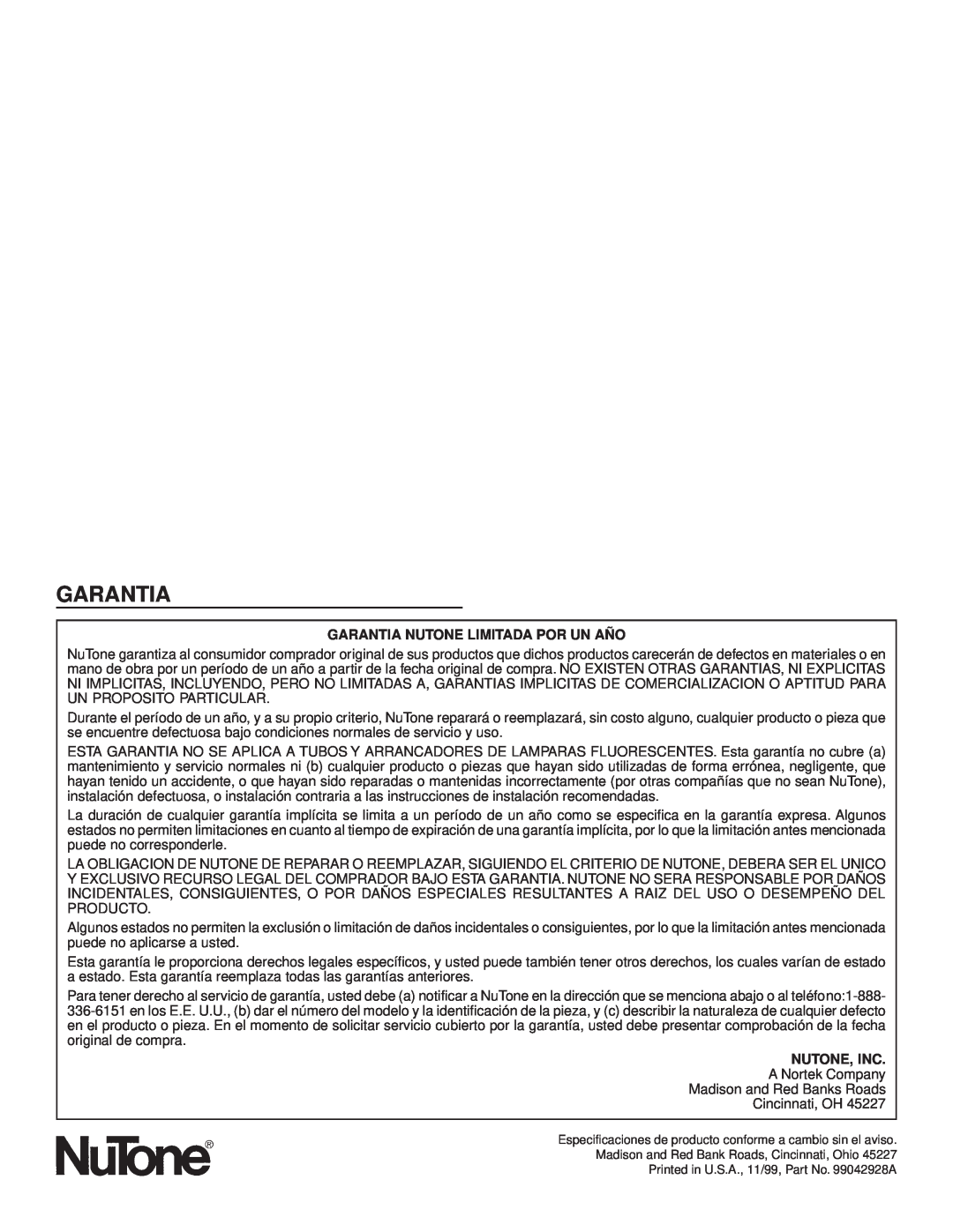 NuTone 682NT important safety instructions Garantia Nutone Limitada Por Un Año 