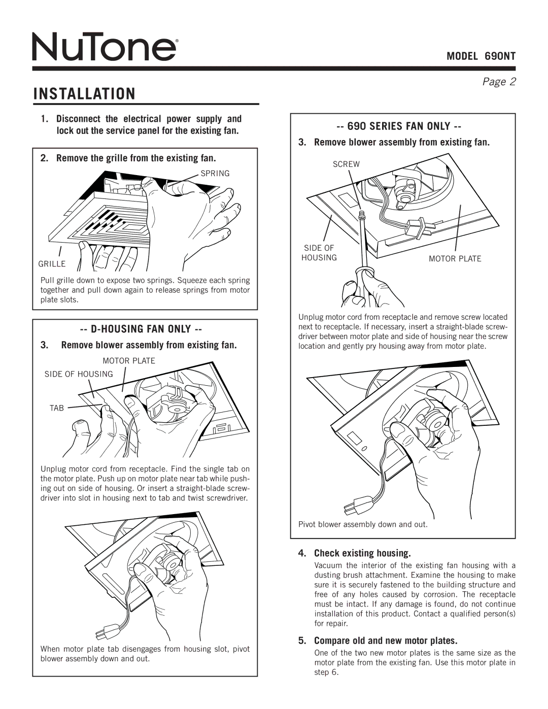 NuTone 690NT warranty Installation, Housing fan only, Series fan only 