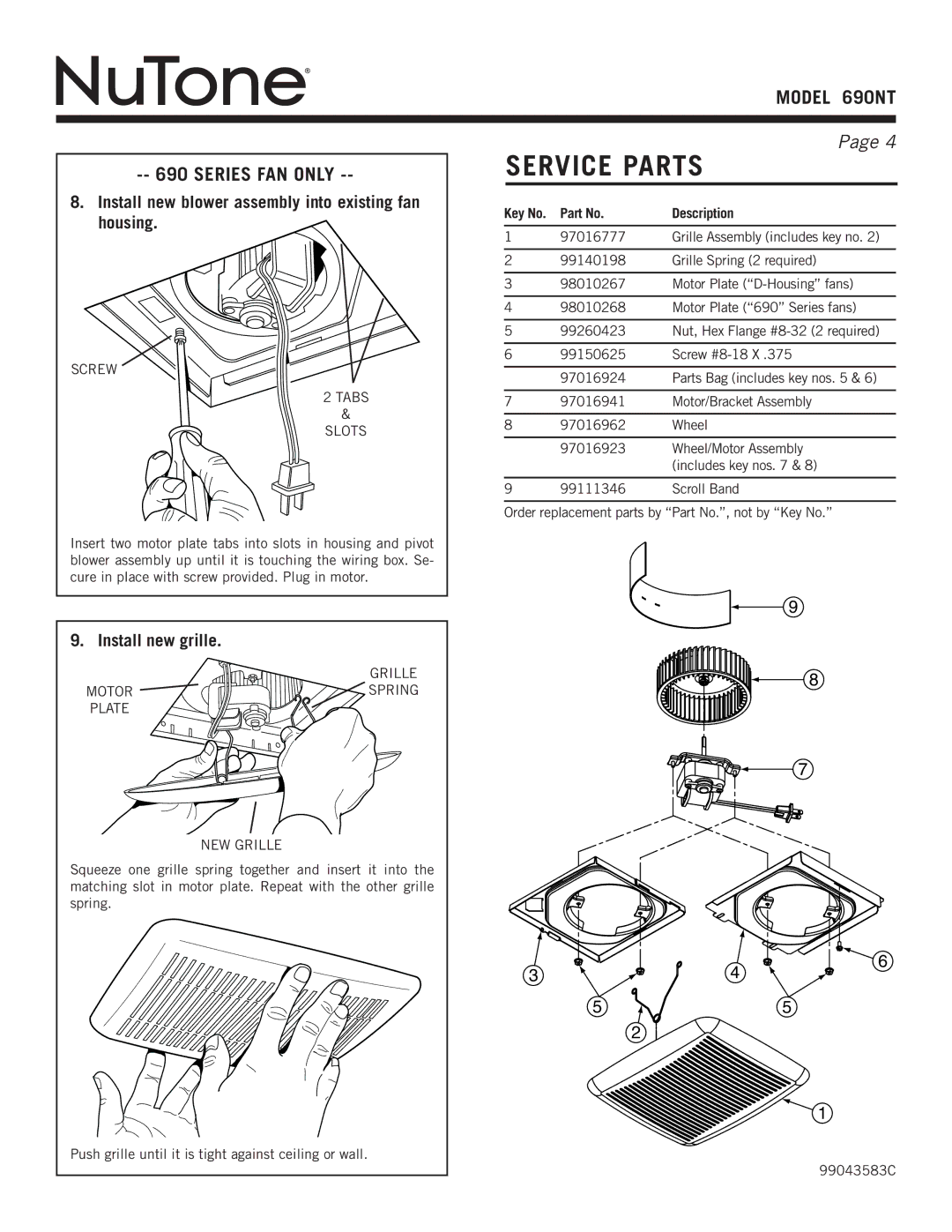 NuTone warranty Service parts, Model 690NT Series fan only, Install new grille, Description 