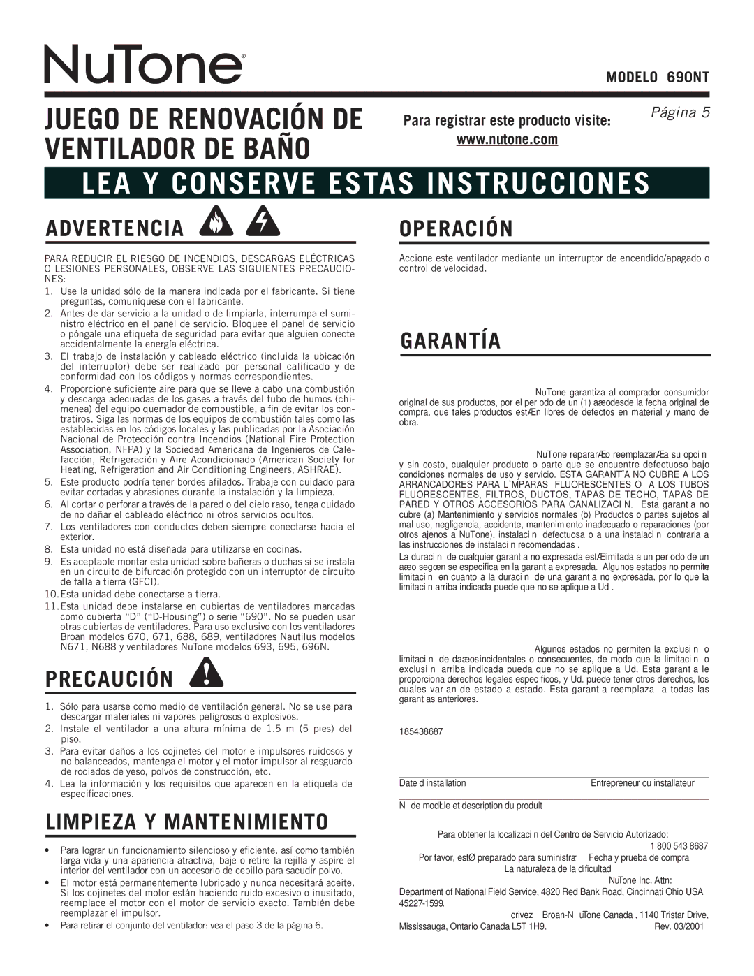 NuTone 690NT warranty Advertenciaoperación, Precaución, Limpieza Y Mantenimiento, Garantía Limitada de un Año 