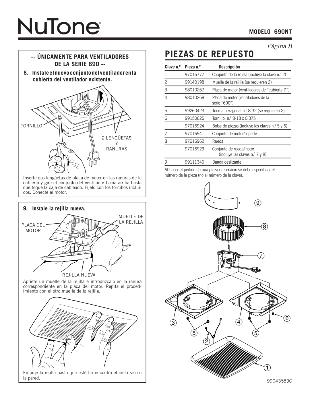 NuTone 690NT warranty Piezas DE Repuesto, Instale la rejilla nueva, Pieza n.º Descripción 