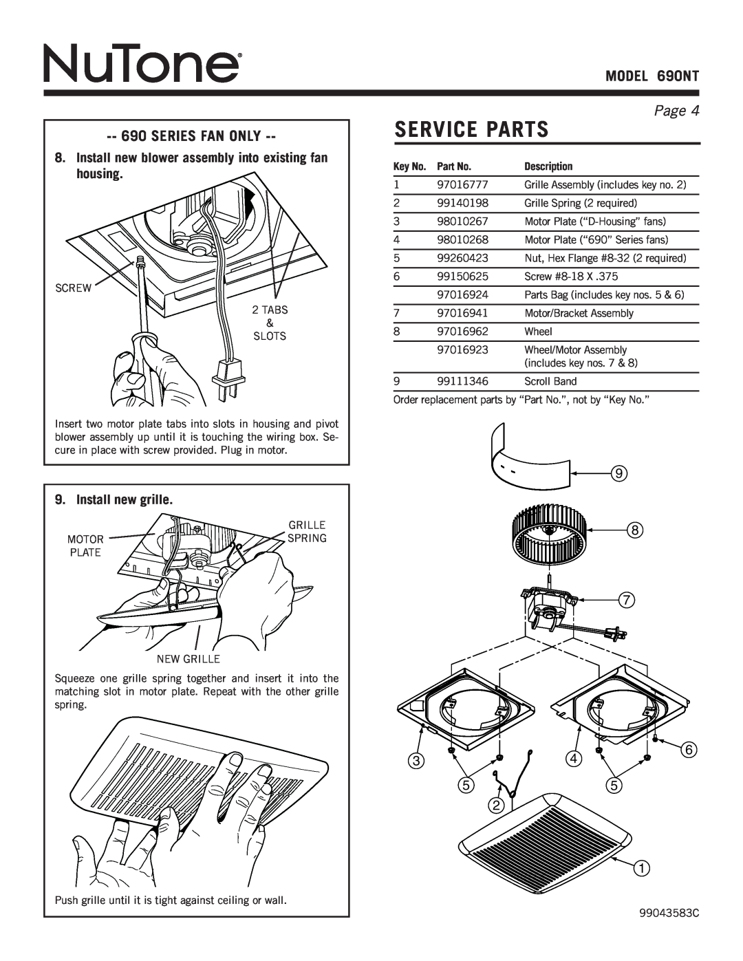 NuTone warranty service parts, model 690NT, series fan only, Page , Description 