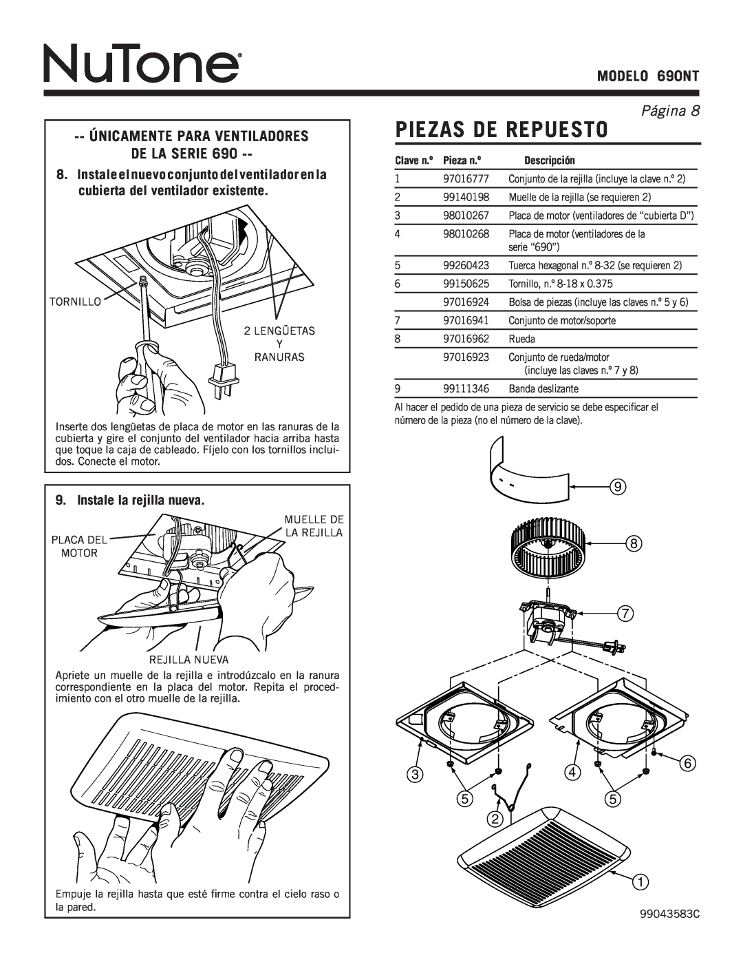 NuTone Piezas De Repuesto, modelO 690NT, Página , Únicamente Para Ventiladores De La Serie, Pieza n.º, Descripción 