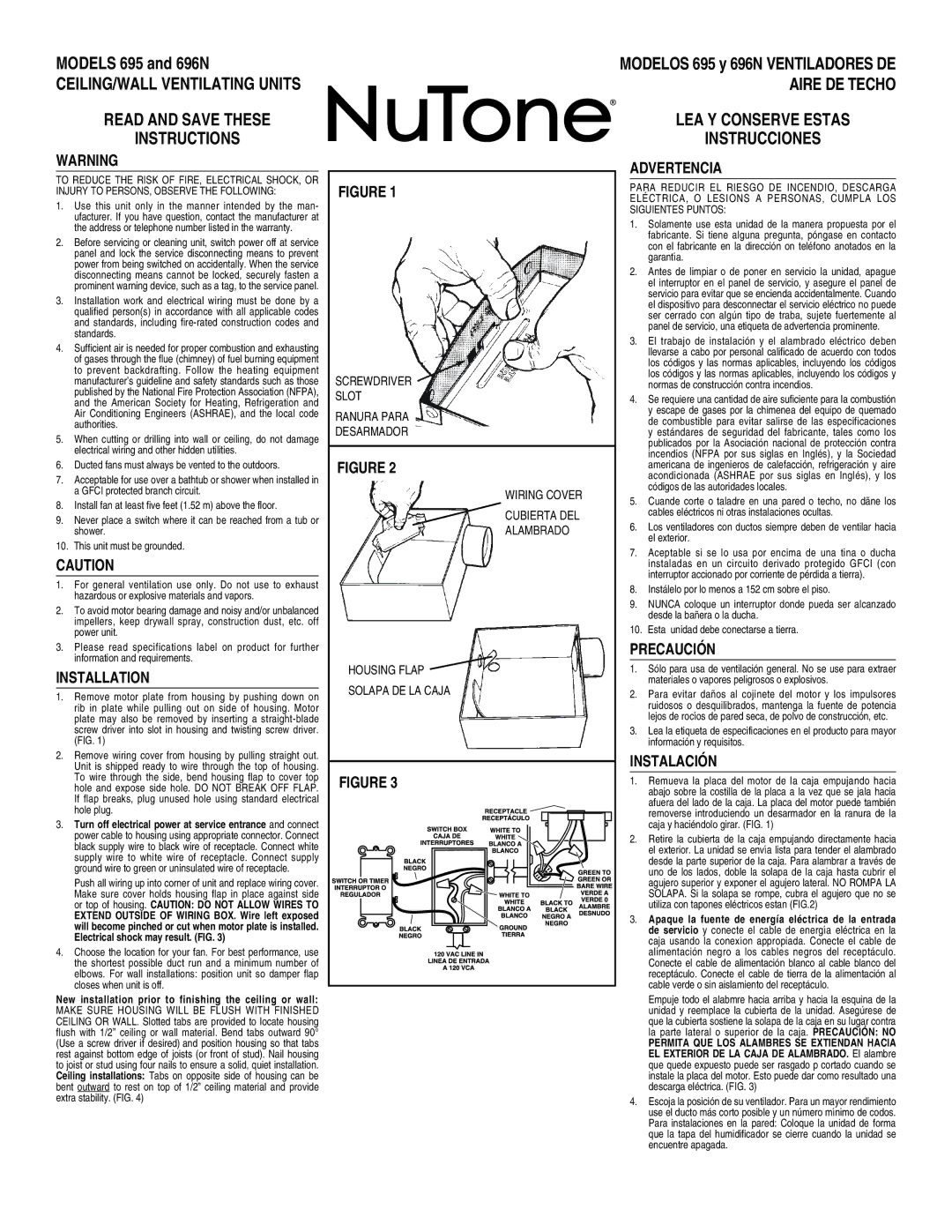 NuTone 695, 696N warranty Installation, Advertencia, Precaución, Instalación 