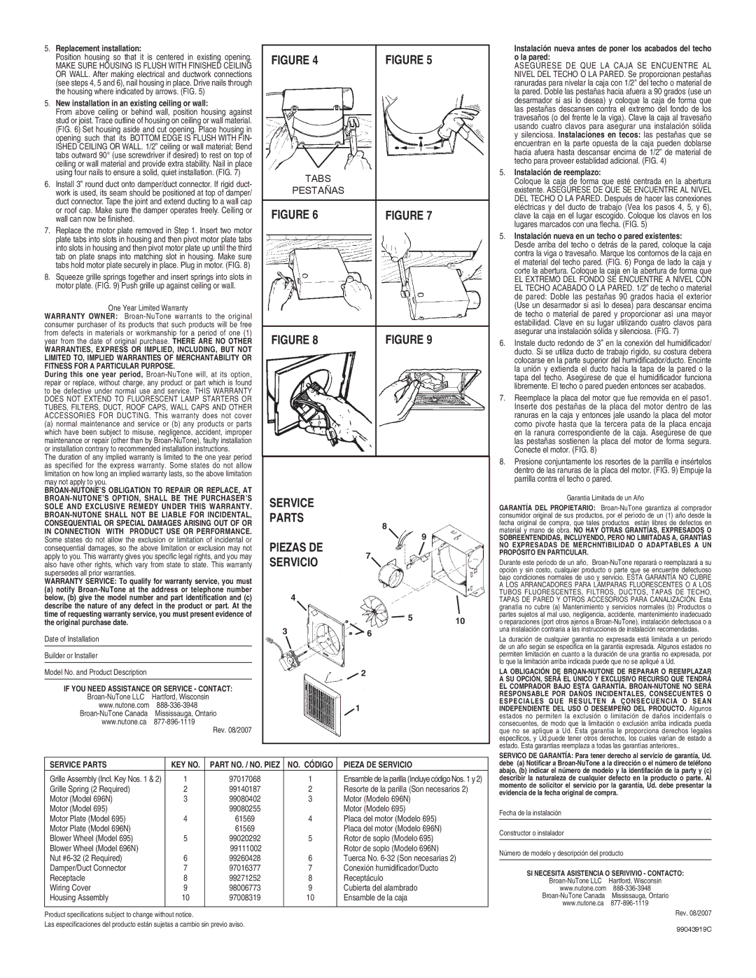 NuTone 696N, 695 warranty Service Parts, Piezas DE, Servicio 