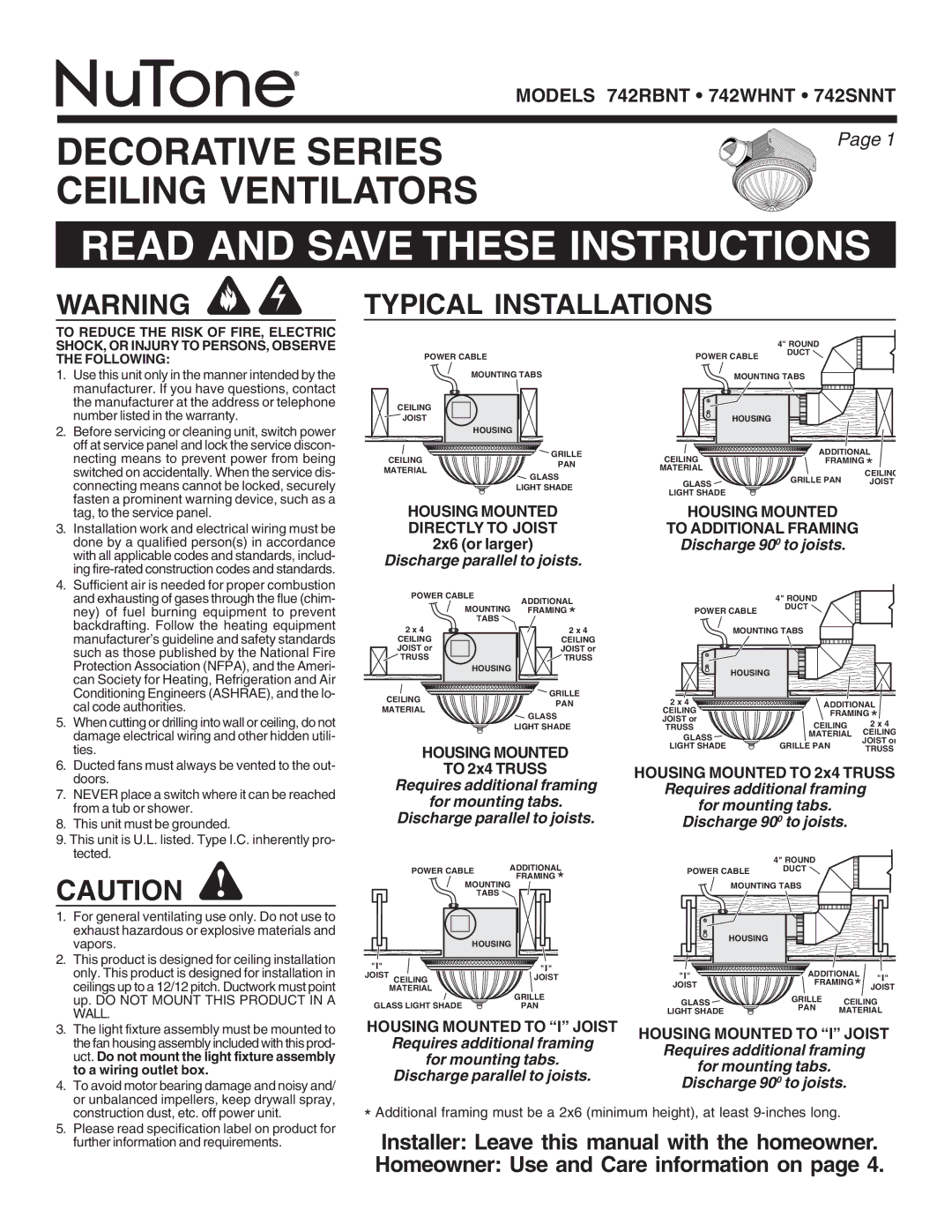 NuTone warranty Typical Installations, Models 742RBNT 742WHNT 742SNNT, Housing Mounted to I Joist 