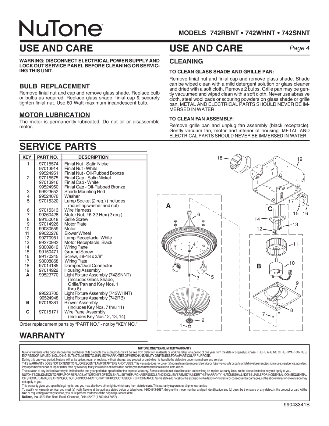 NuTone 742RBNT, 742SNNT, 742WHNT warranty USE and Care, Service Parts, Warranty 