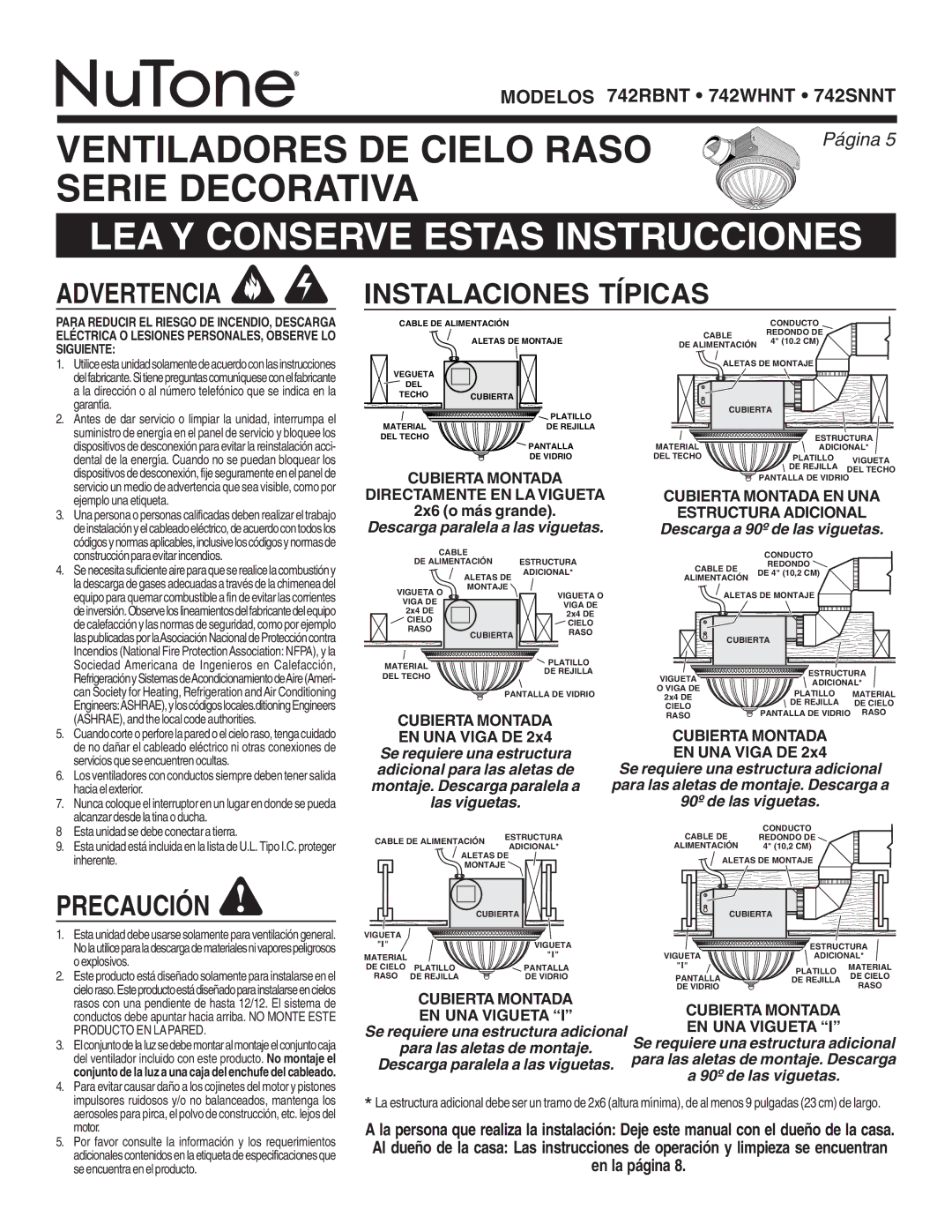 NuTone 742WHNT, 742SNNT, 742RBNT warranty Precaución, Instalaciones Típicas 