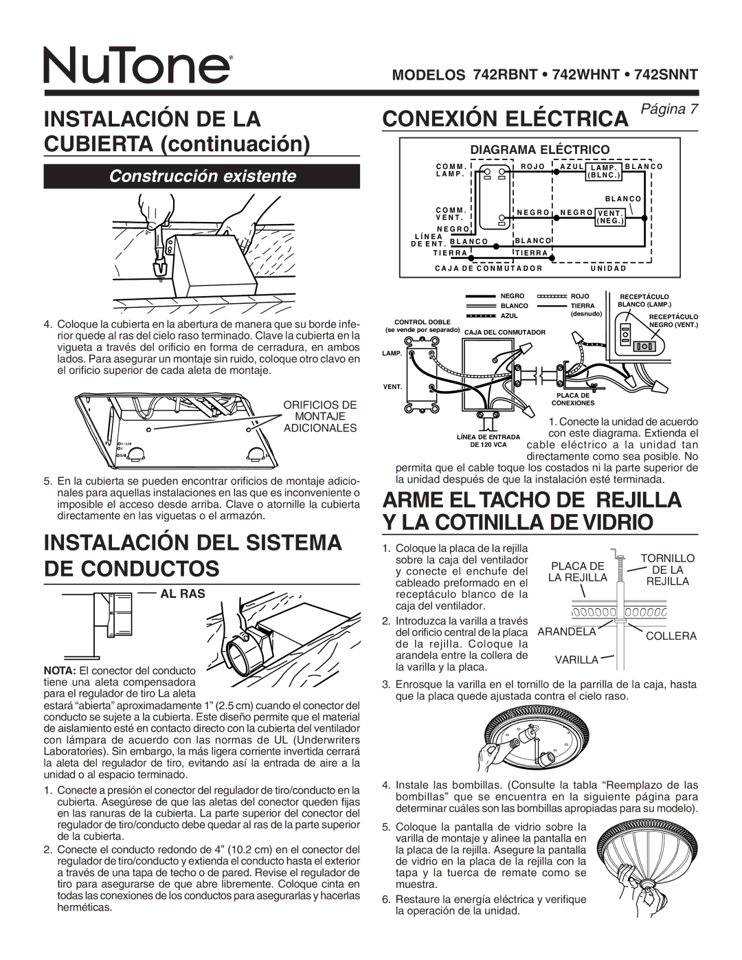 NuTone 742RBNT Instalación DE LA Cubierta continuación, Instalación DEL Sistema DE Conductos, Al Ras, Diagrama Eléctrico 