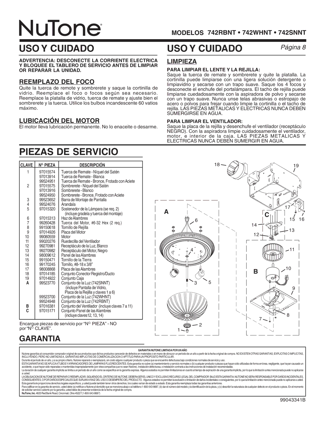 NuTone 742WHNT, 742SNNT, 742RBNT warranty USO Y Cuidado, Piezas DE Servicio, Garantia 