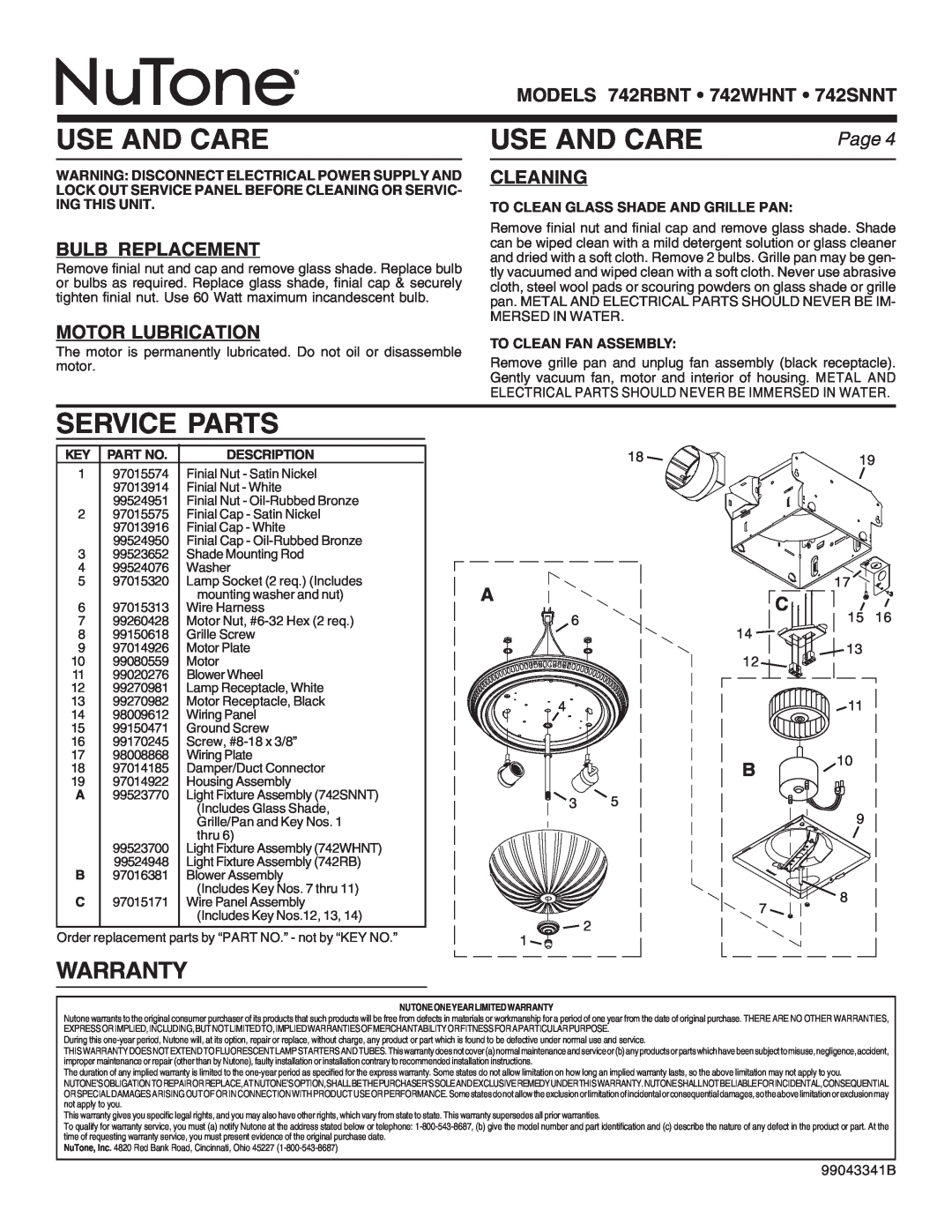 NuTone 742RBNT Use And Care, Service Parts, Warranty, Bulb Replacement, Motor Lubrication, Cleaning, Page, Description 