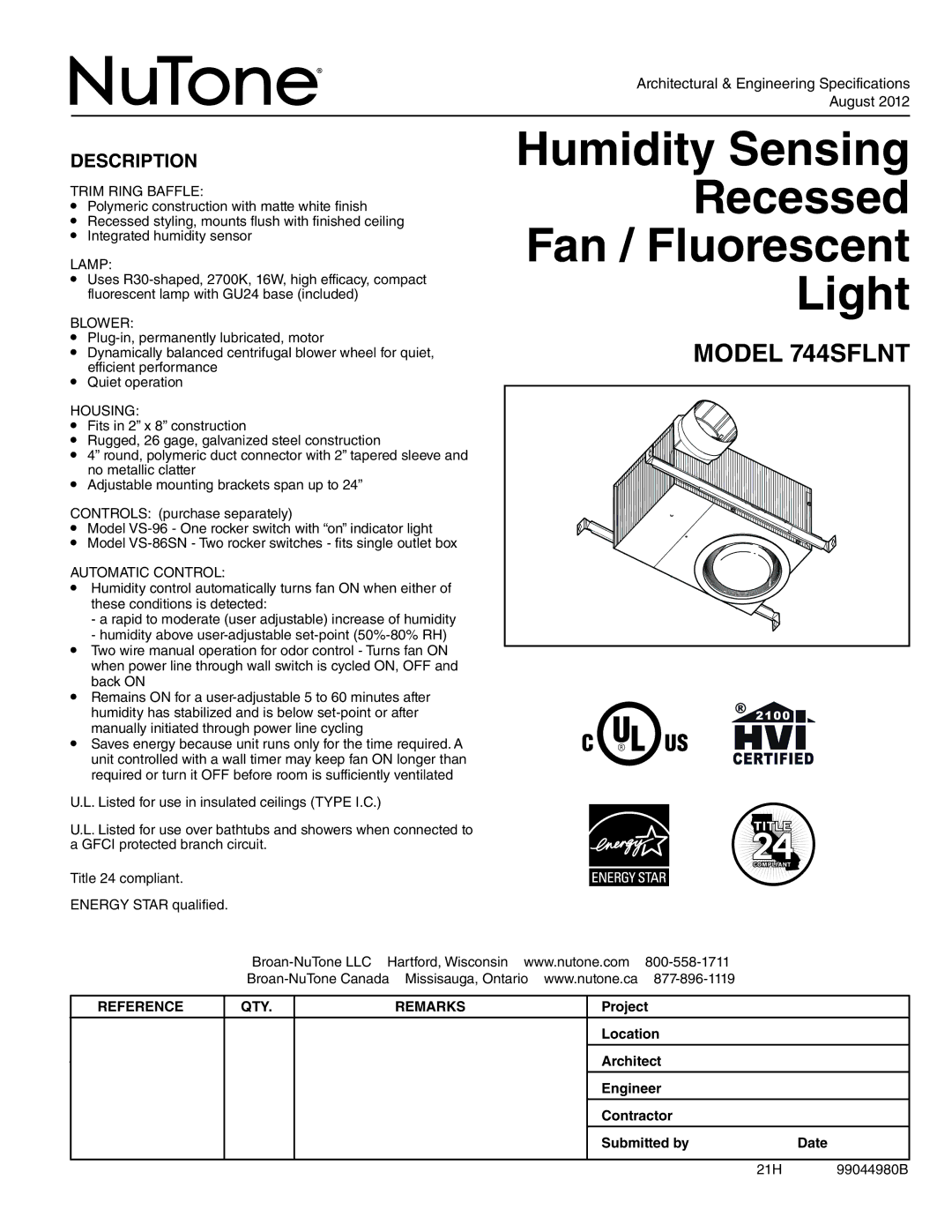 NuTone 744FLNT specifications Description 