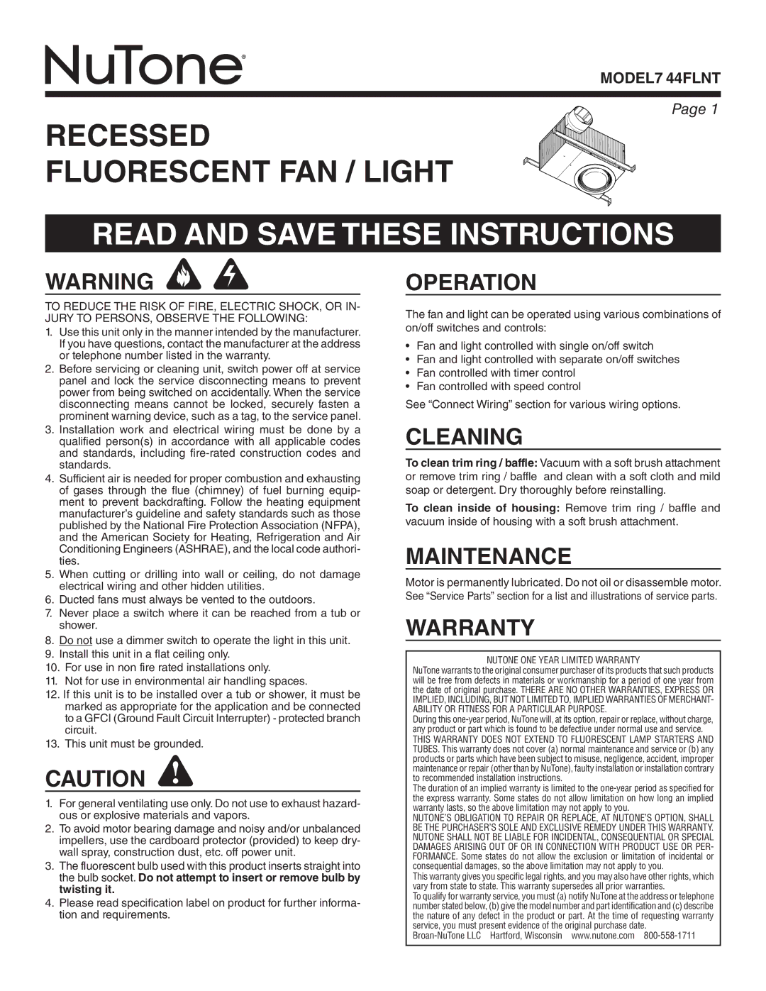 NuTone 744FLNT warranty Read and Save These Instructions, Operation, Cleaning, Maintenance, Warranty 