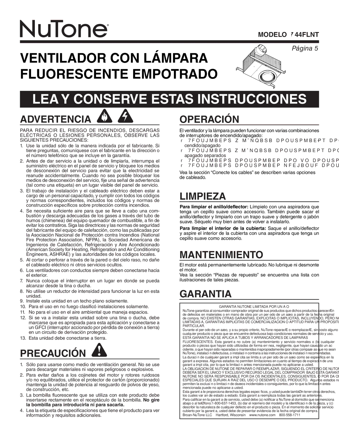 NuTone 744FLNT warranty LEA Y Conserve Estas Instrucciones 