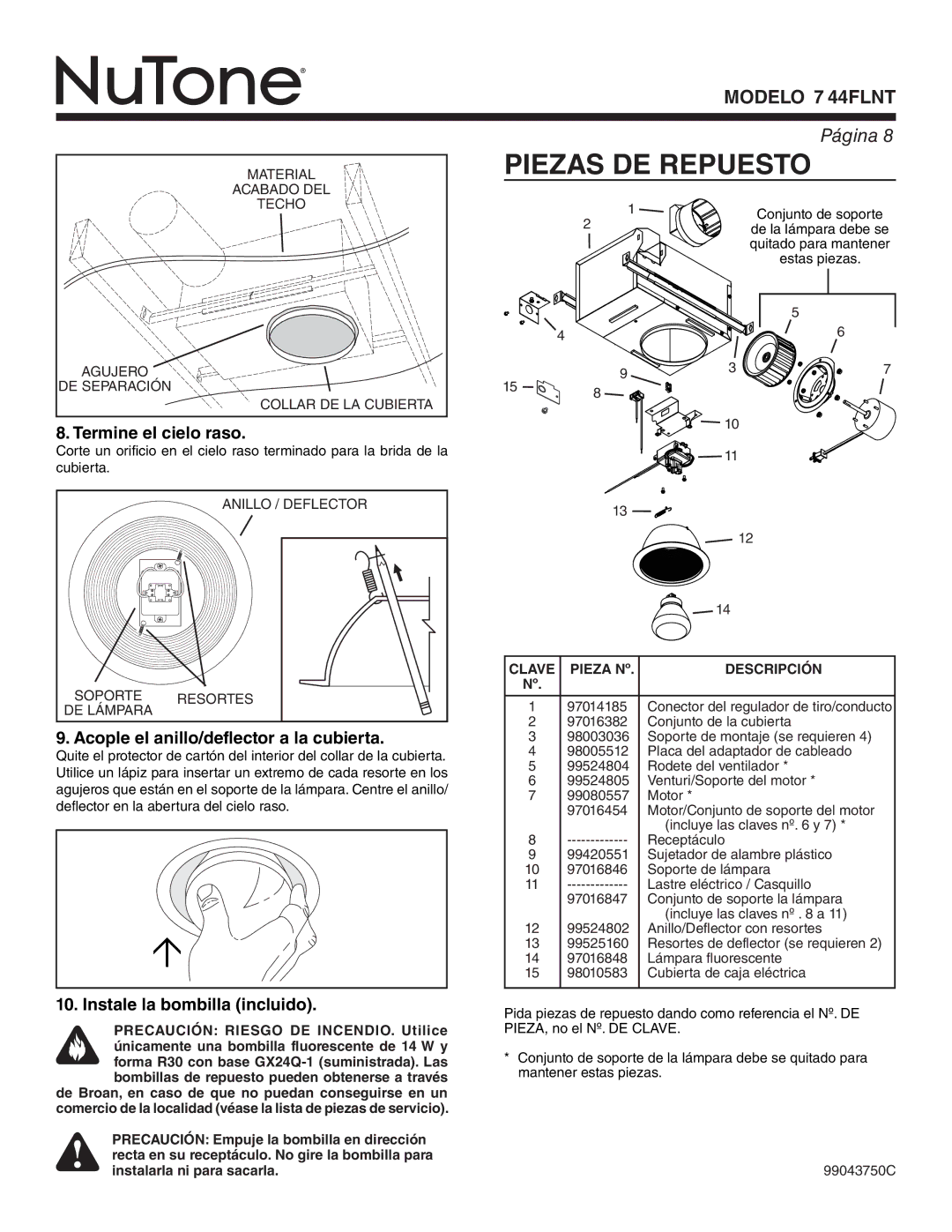 NuTone 744FLNT warranty Piezas DE Repuesto, Termine el cielo raso, Acople el anillo/deflector a la cubierta 