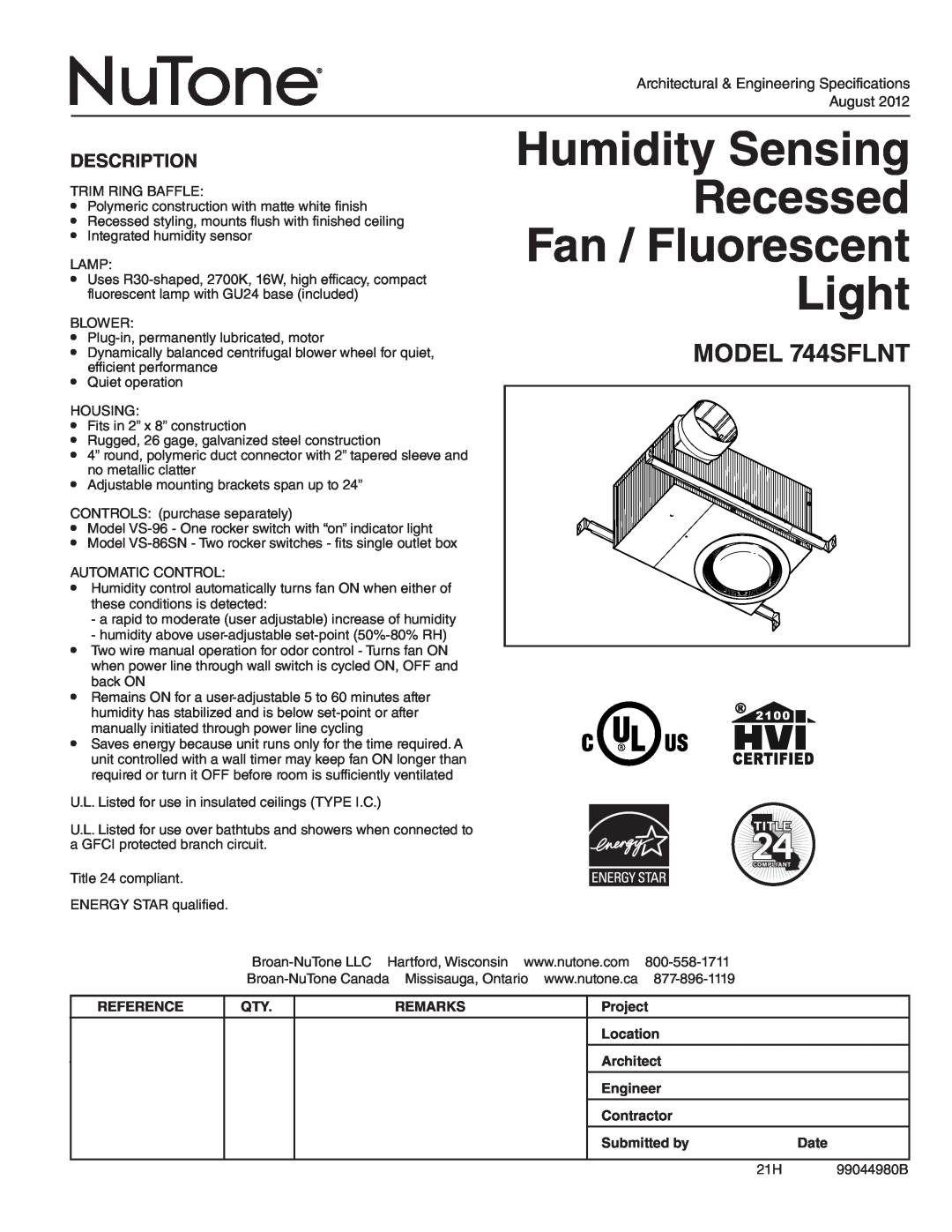 NuTone 744FLNT warranty Recessed Fluorescent Fan / Light, Read And Save These Instructions, Operation, Cleaning, Warranty 