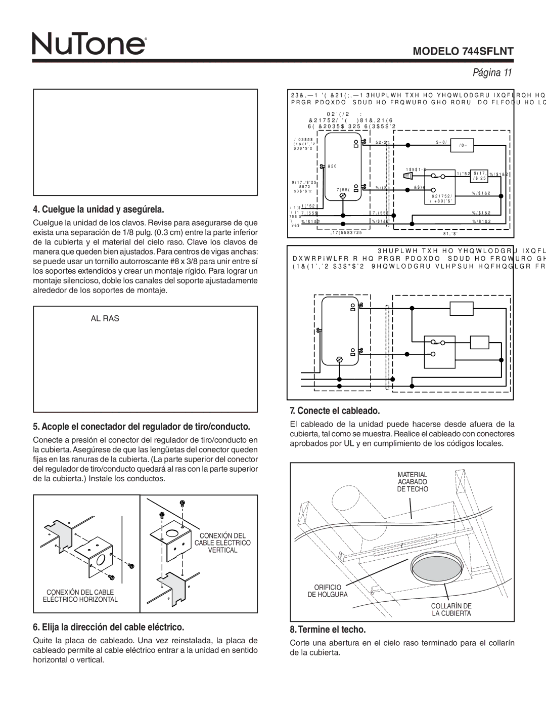 NuTone 744SFLNT warranty Cuelgue la unidad y asegúrela, Elija la dirección del cable eléctrico, Conecte el cableado 