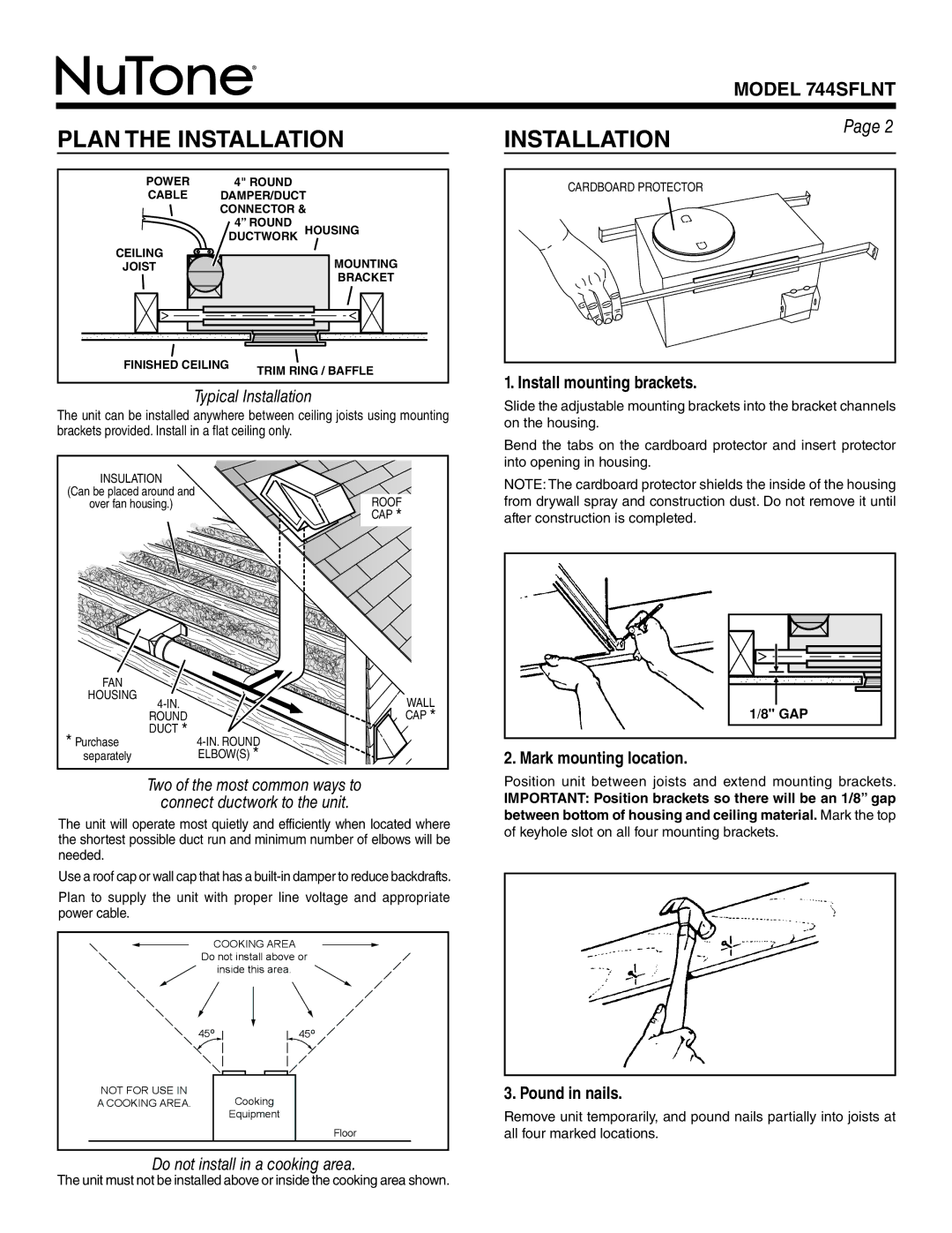 NuTone 744SFLNT warranty Plan the Installation, Install mounting brackets, Mark mounting location, Pound in nails 