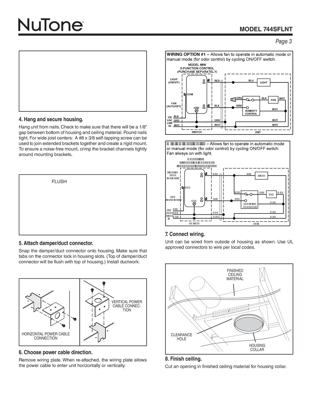 NuTone 744SFLNT Hang and secure housing, Attach damper/duct connector, Choose power cable direction, Connect wiring 