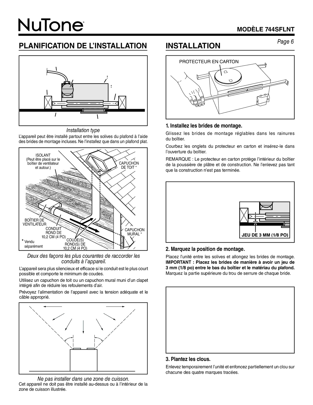 NuTone 744SFLNT Installez les brides de montage, Marquez la position de montage, Plantez les clous, Protecteur EN Carton 