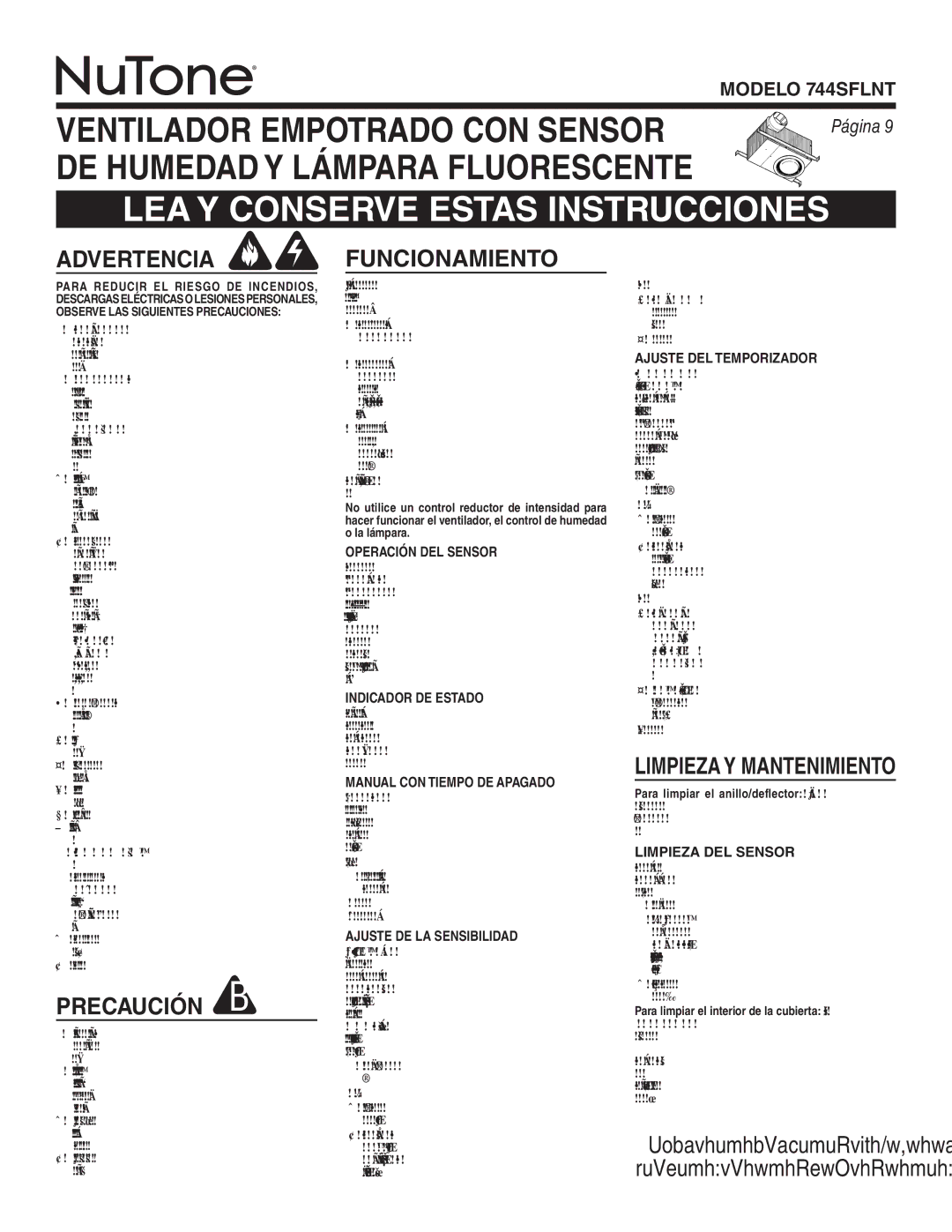 NuTone 744SFLNT warranty Advertencia, Precaución, Funcionamiento 