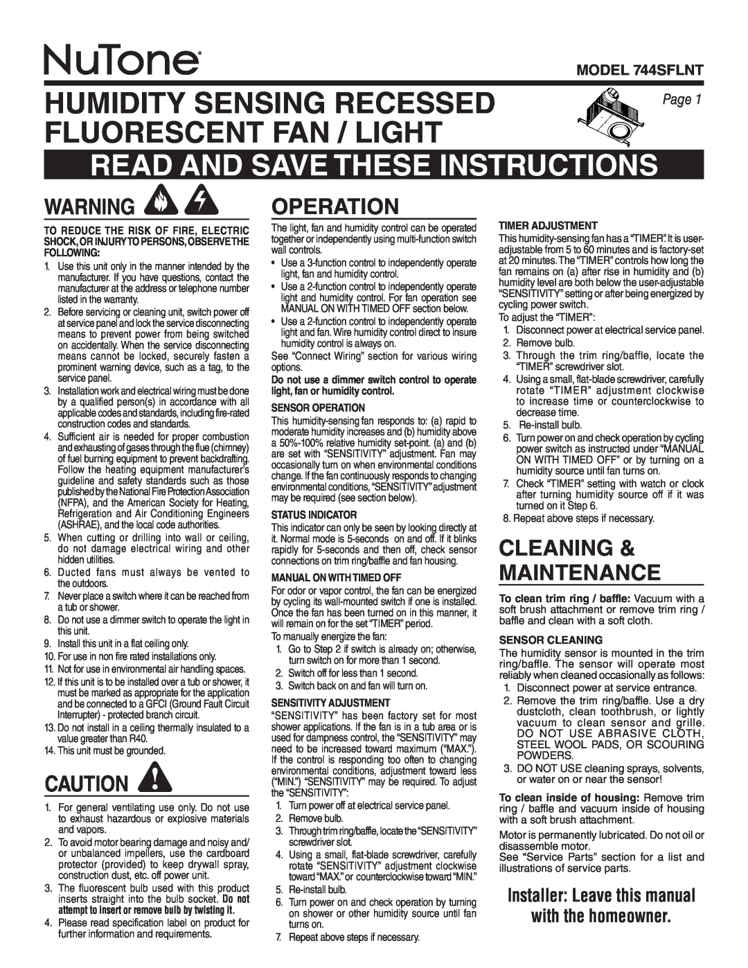 NuTone 744SFLNT warranty Humidity Sensing Recessed, Fluorescent Fan / Light, Read And Save These Instructions, Page 