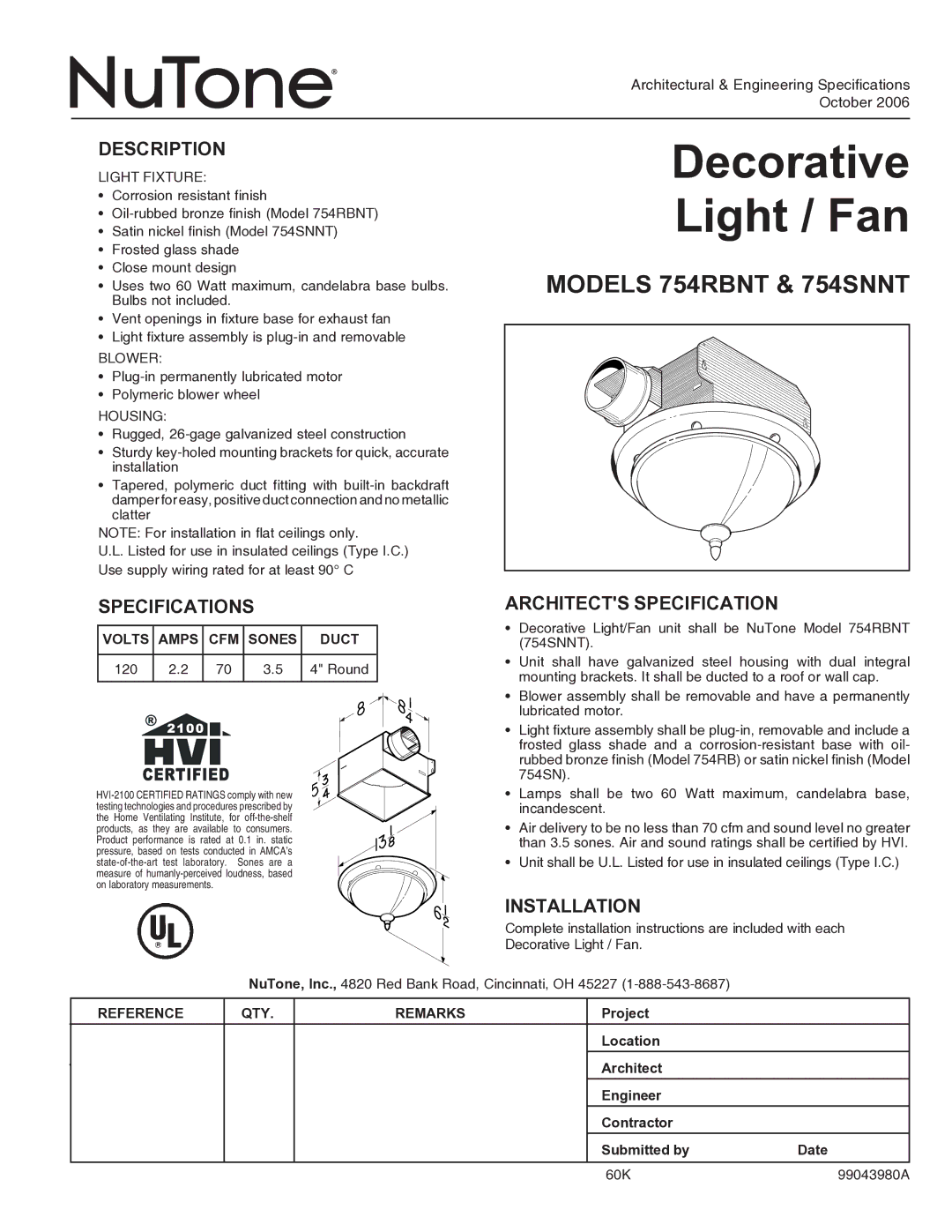 NuTone 754RBNT, 754SNNT specifications Description, Specifications, Architects Specification, Installation 