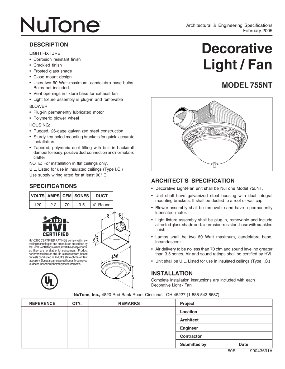 NuTone 755NT specifications Description, Specifications, Architects Specification, Installation 