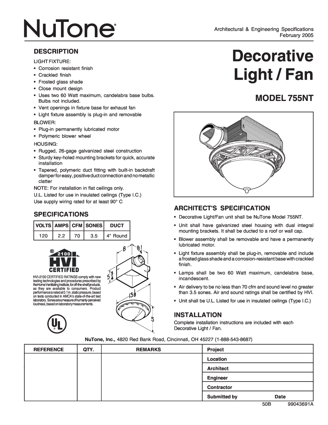 NuTone specifications Decorative Light / Fan, MODEL 755NT, Description, Specifications, Architects Specification 