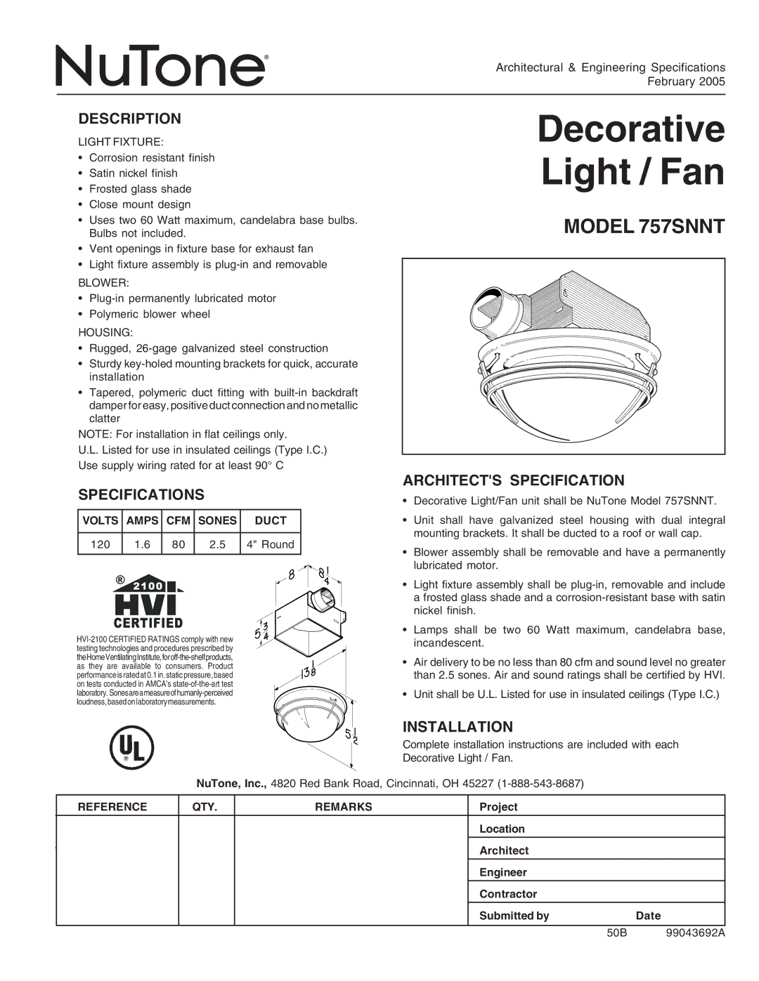 NuTone 757SNNT specifications Description, Specifications, Architects Specification, Installation 