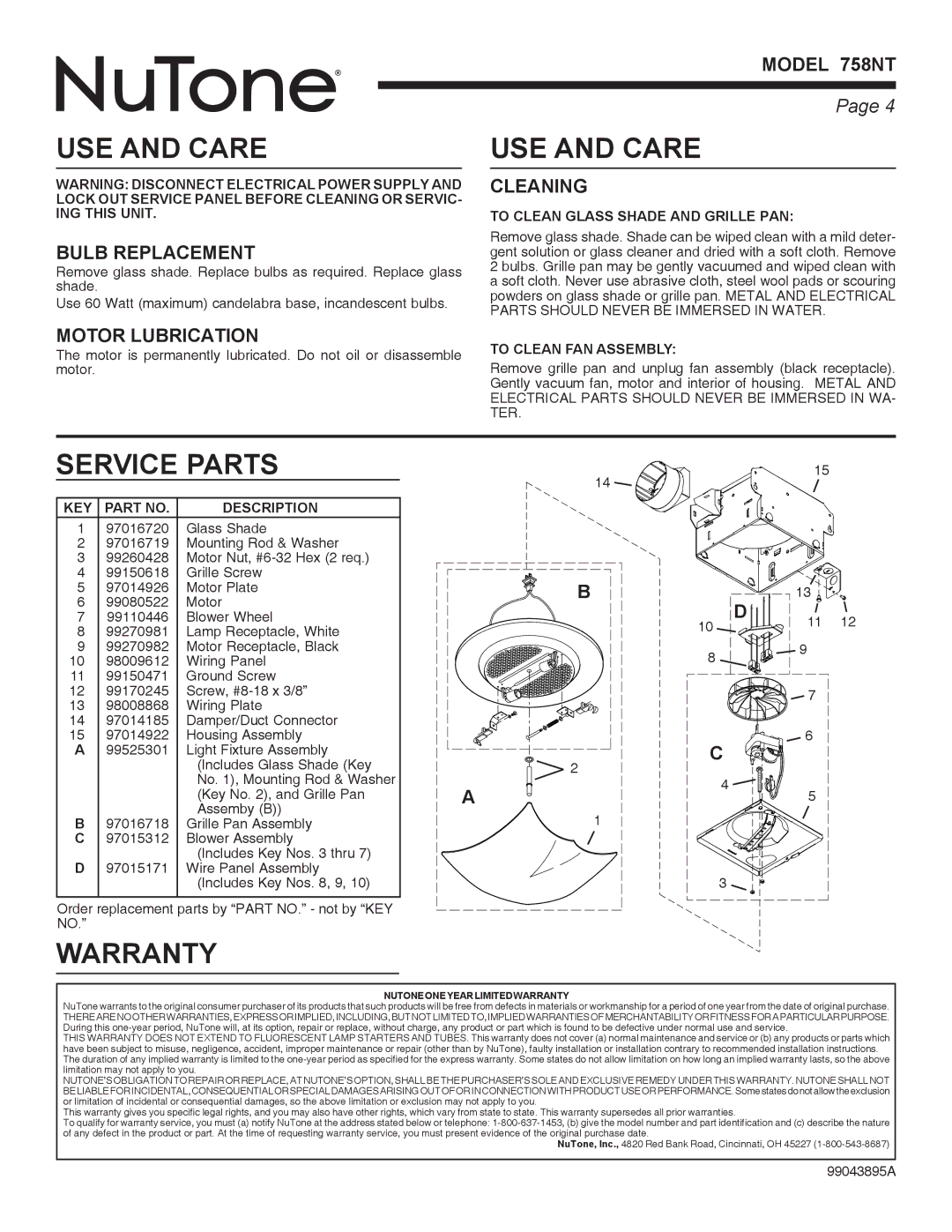 NuTone 758NT warranty USE and Care, Service Parts, Warranty 