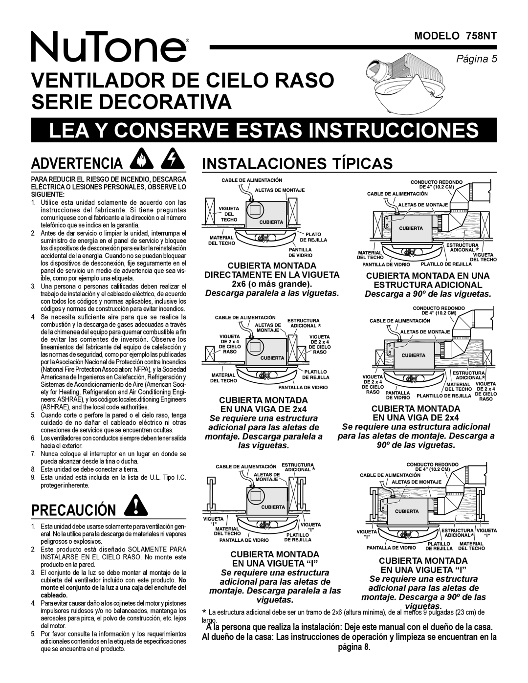 NuTone warranty Instalaciones, Precaución, Modelo 758NT 