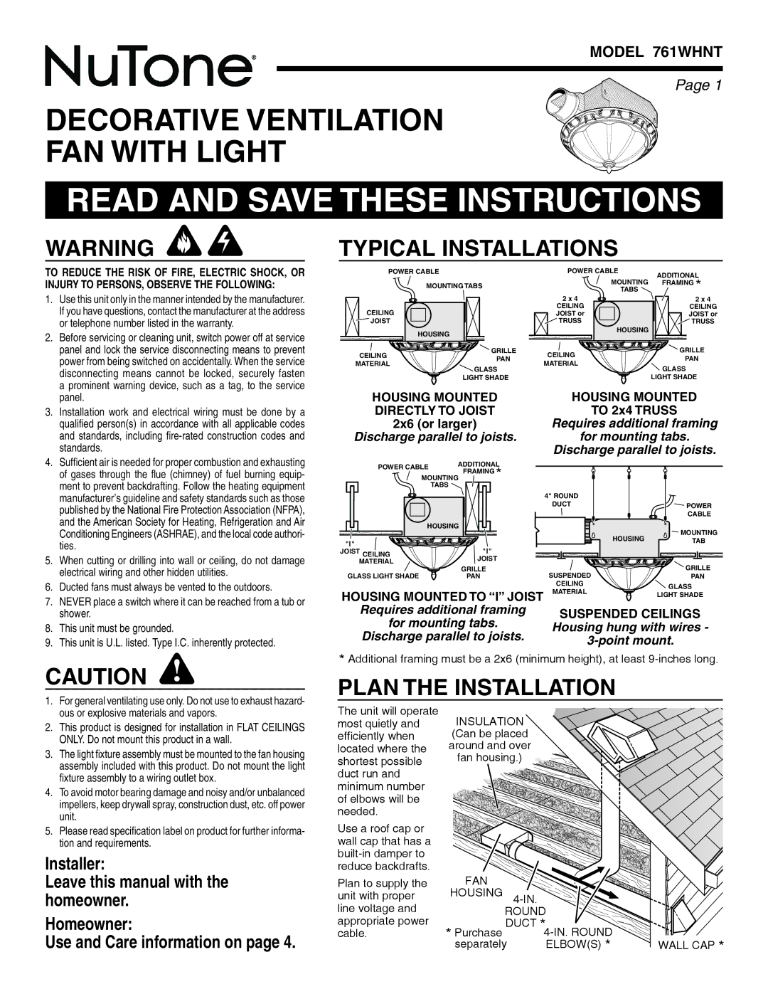 NuTone warranty Typical Installations, Plan the Installation, Model 761WHNT, Suspended Ceilings 