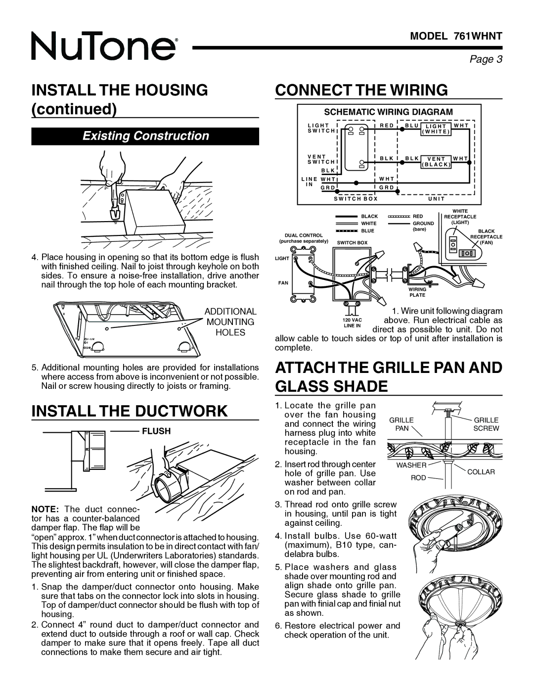 NuTone 761WHNT Connect the Wiring, Install the Ductwork, Attach the Grille PAN and Glass Shade, Schematic Wiring Diagram 