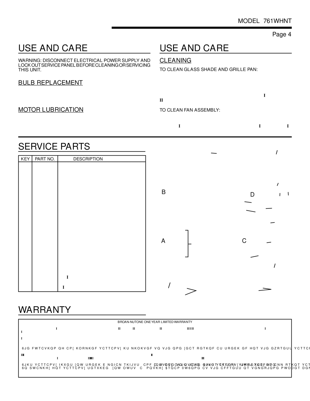 NuTone 761WHNT warranty USE and Care, Service Parts, Warranty, Bulb Replacement, Cleaning 