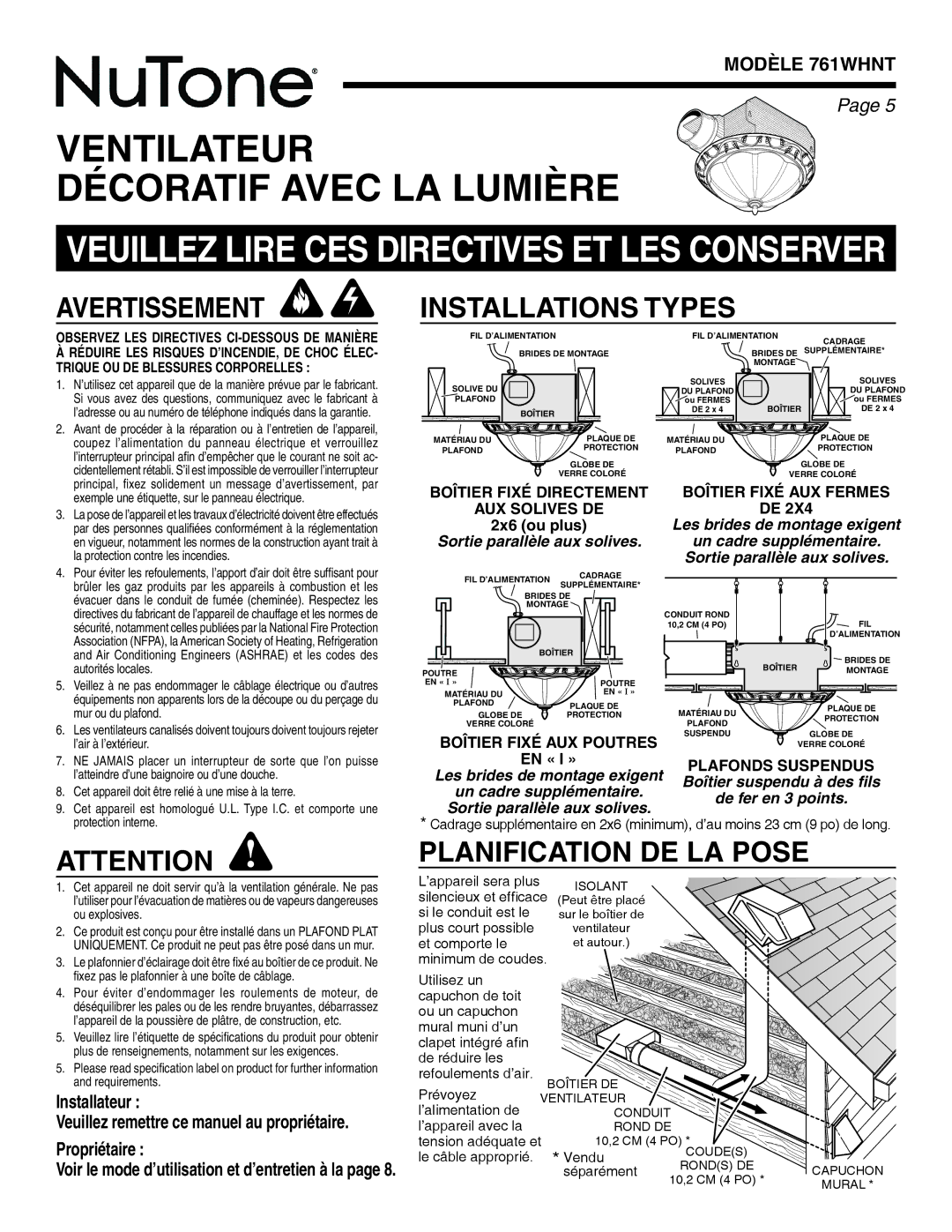 NuTone warranty Installations Types, Planification DE LA Pose, Modèle 761WHNT, Boîtier Fixé AUX Poutres 