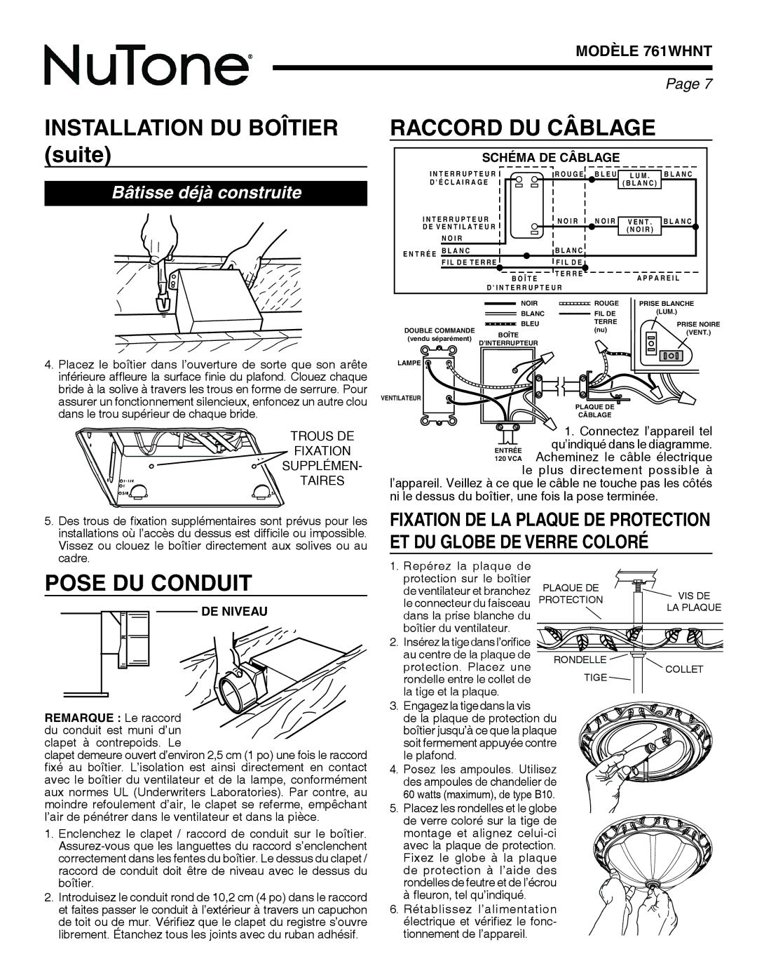 NuTone 761WHNT warranty Raccord DU Câblage, Pose DU Conduit, Schéma DE Câblage, DE Niveau 