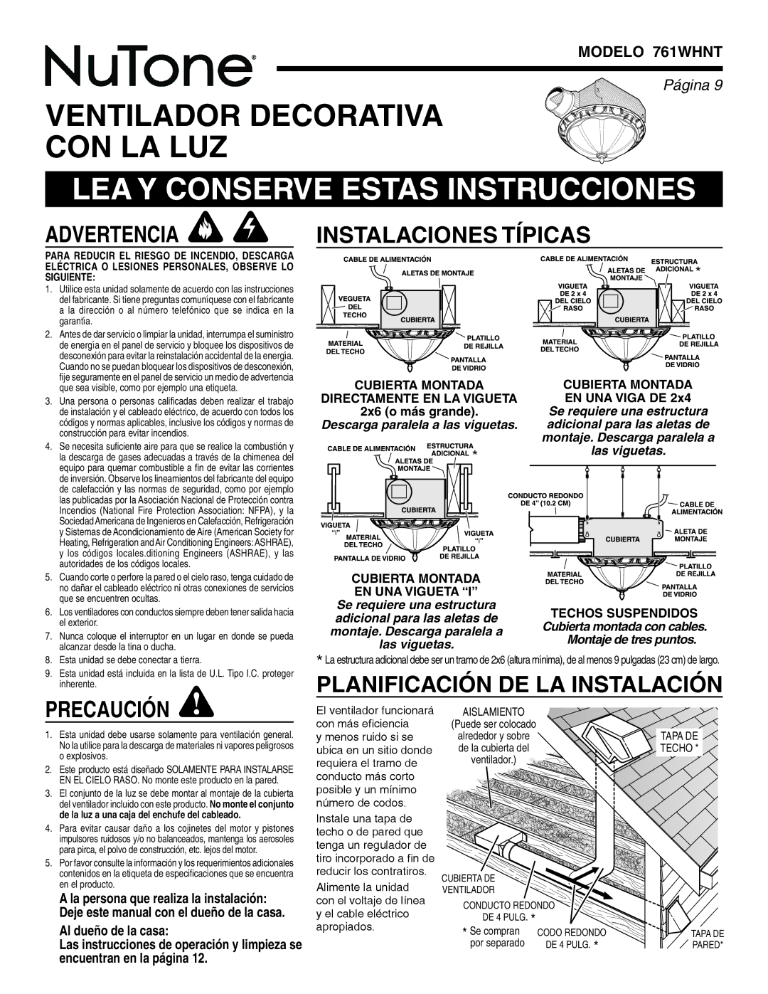 NuTone warranty Instalaciones Típicas, Planificación DE LA Instalación Precaución, Modelo 761WHNT 