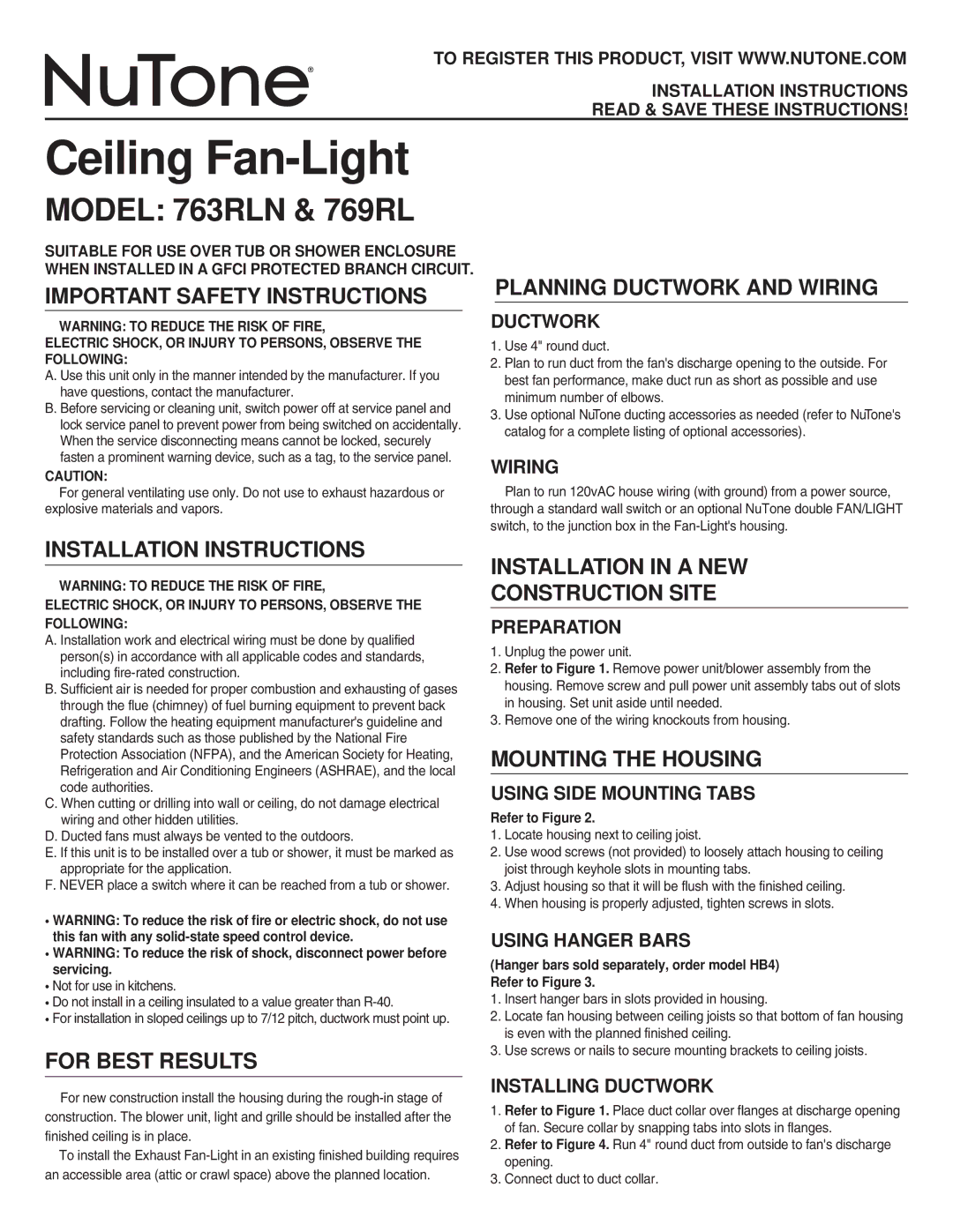 NuTone important safety instructions Model 763RLN & 769RL 