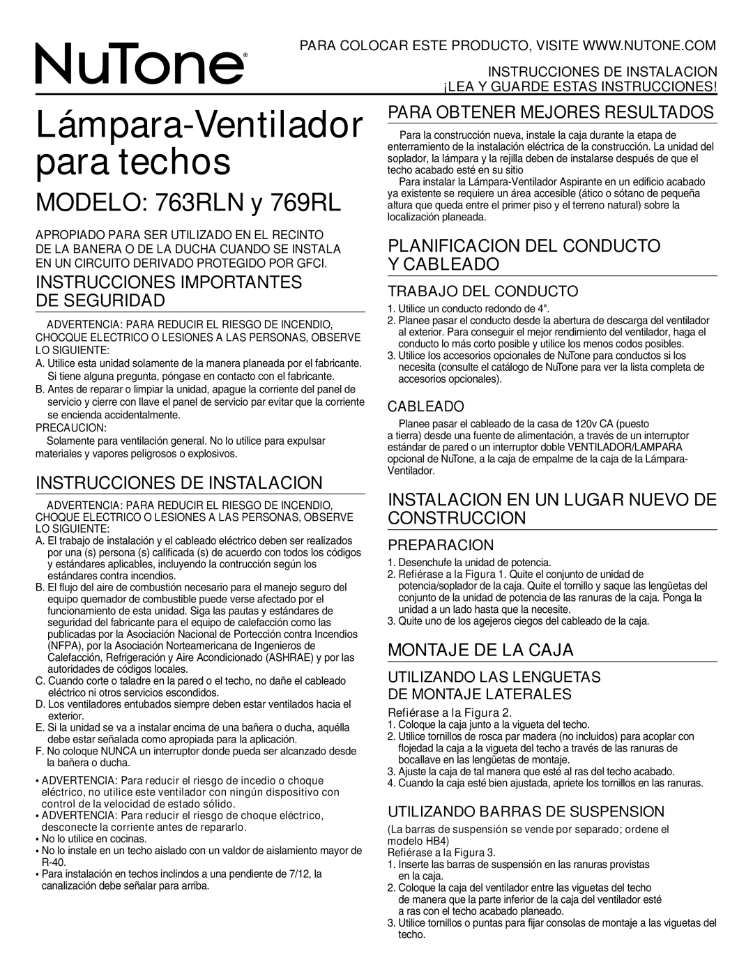 NuTone important safety instructions Modelo 763RLN y 769RL 