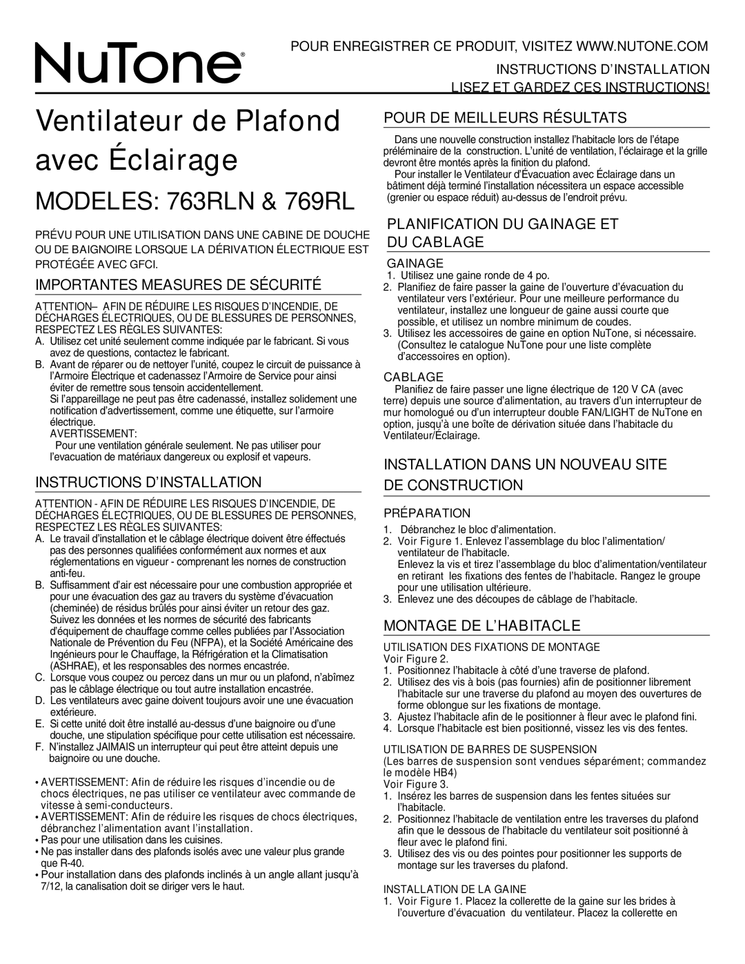 NuTone 769RL, 763RLN Importantes Measures DE Sécurité, Instructions D’INSTALLATION, Pour DE Meilleurs Résultats 