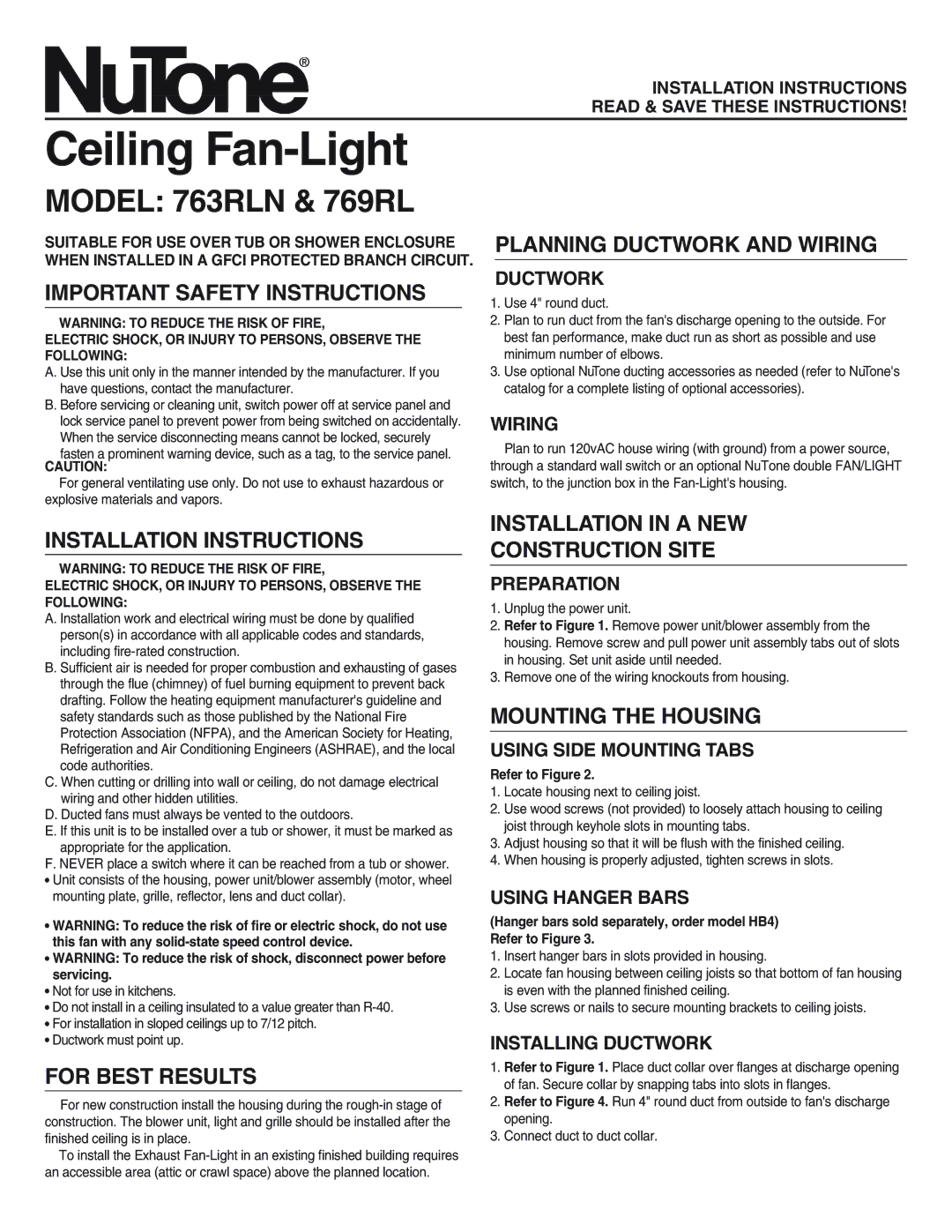 NuTone important safety instructions Model 763RLN & 769RL 