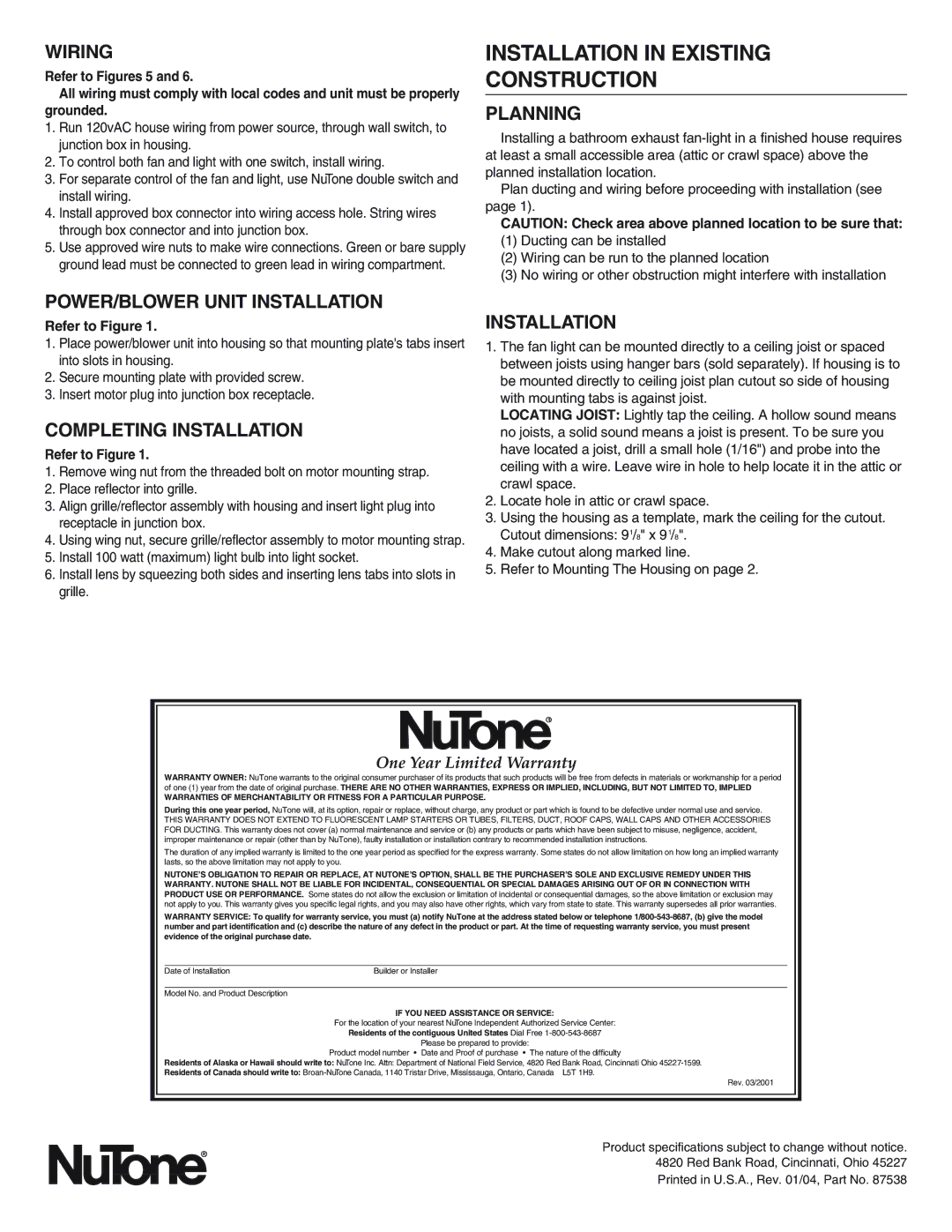 NuTone 763RLN Installation in Existing Construction, Planning, POWER/BLOWER Unit Installation, Completing Installation 