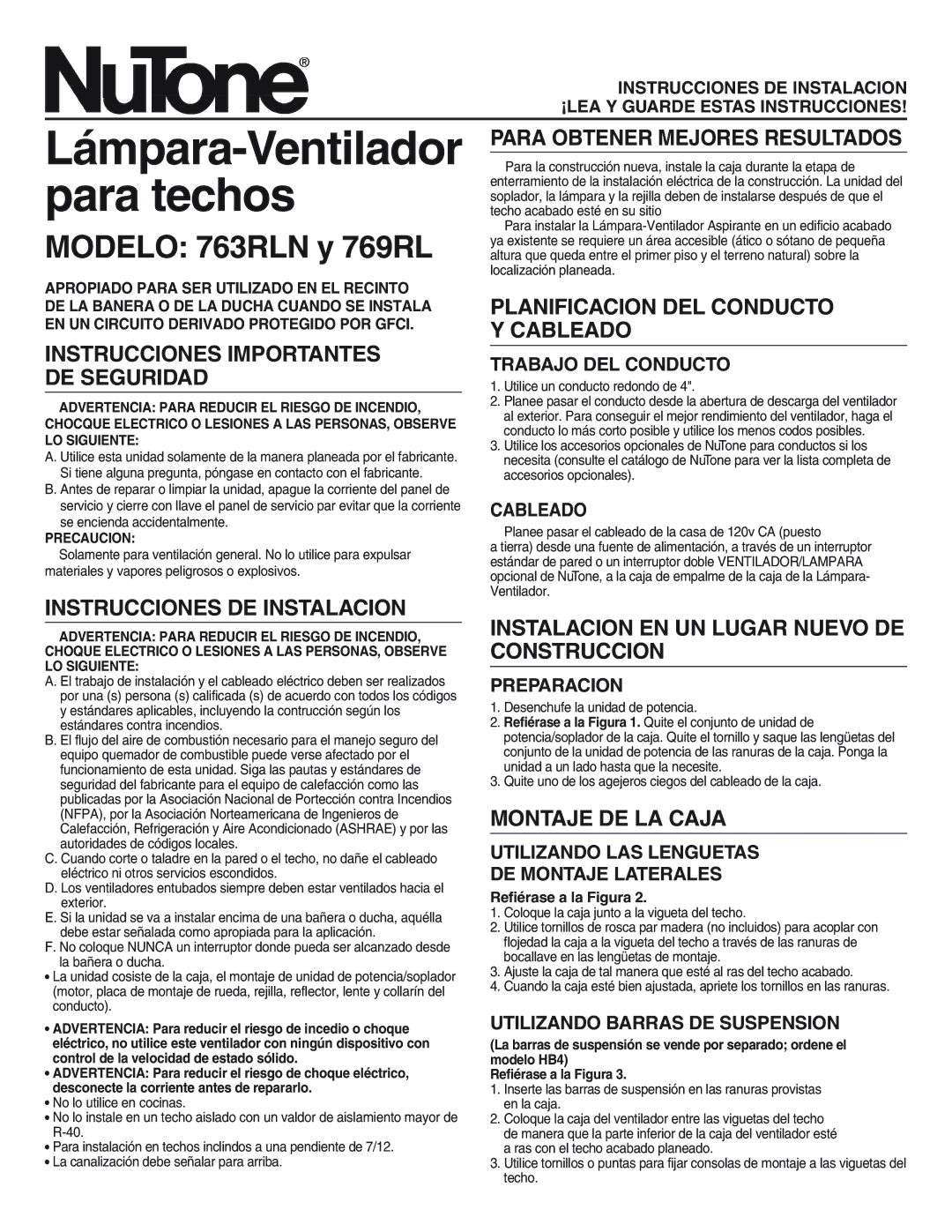 NuTone important safety instructions Modelo 763RLN y 769RL 