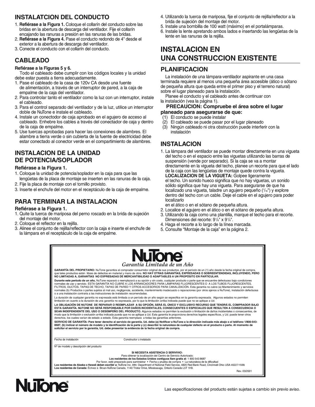 NuTone 763RLN, 769RL important safety instructions Instalacion EN UNA Construccion Existente 