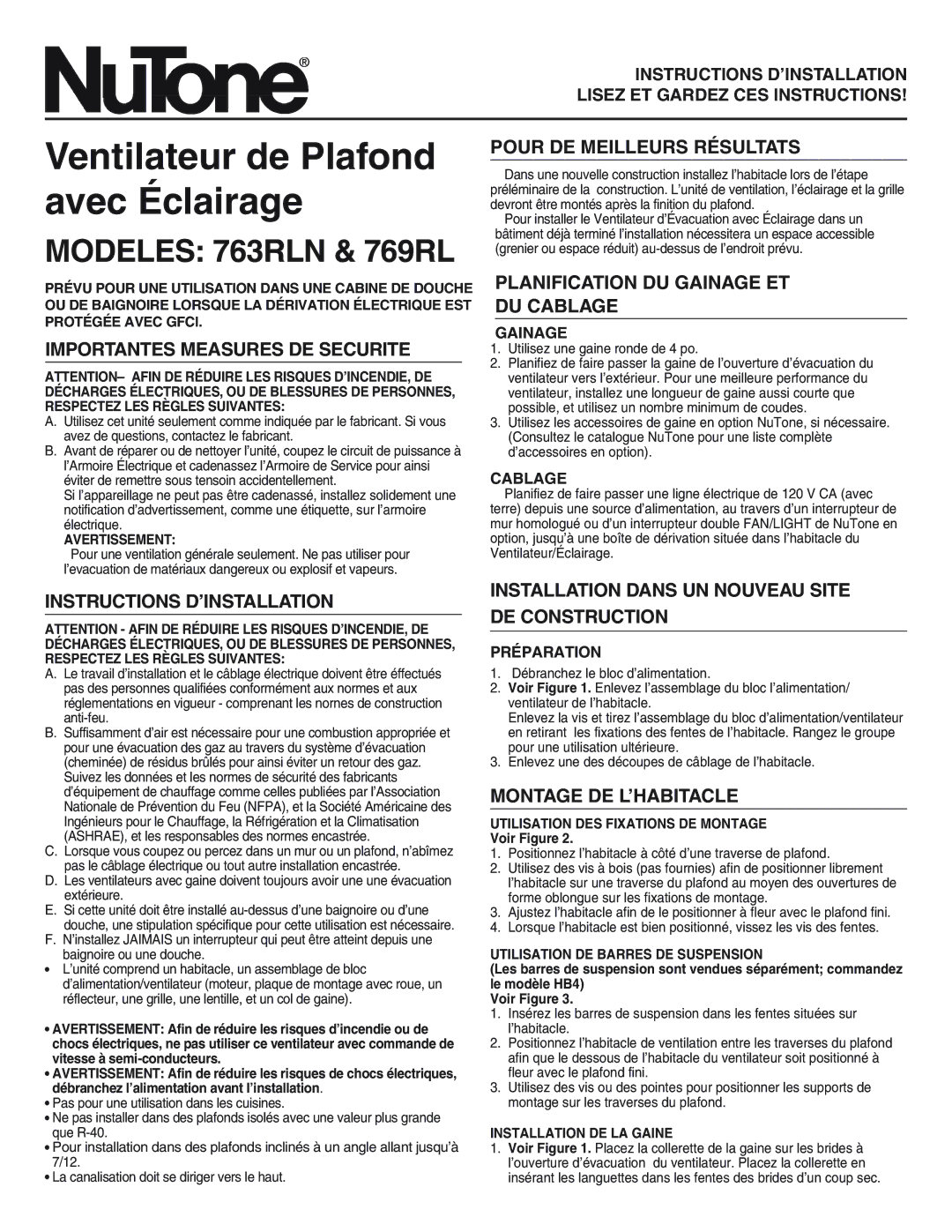 NuTone 769RL, 763RLN Importantes Measures DE Sécurité, Instructions D’INSTALLATION, Pour DE Meilleurs Résultats 