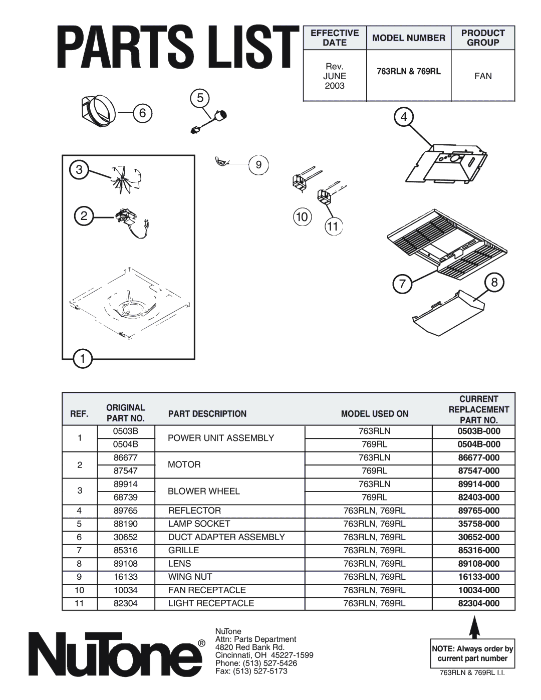 NuTone 763RLN, 769RL Model Number Product Date Group, Original Current Part Description Model Used on 