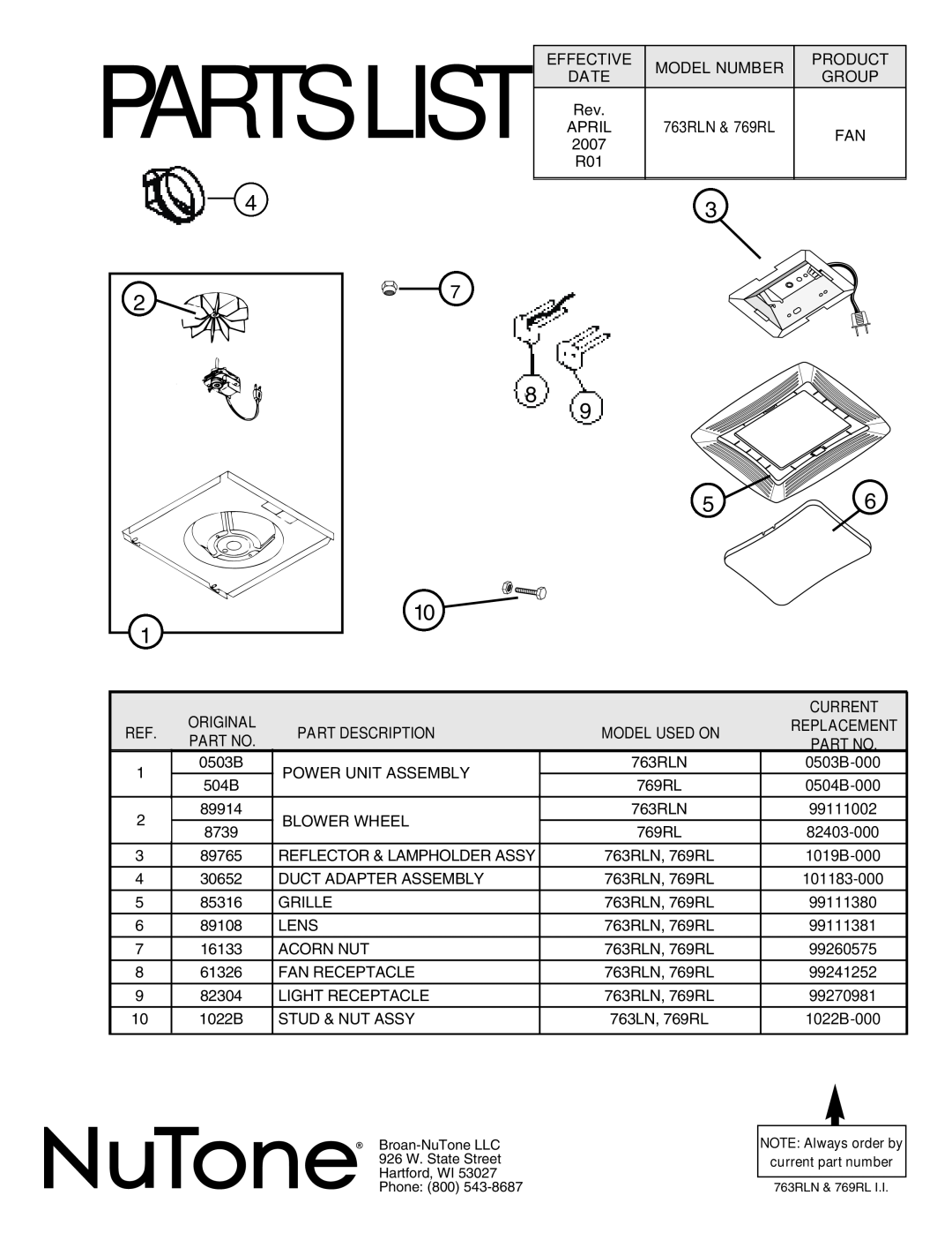 NuTone 763RLN, 769RL important safety instructions Parts List 